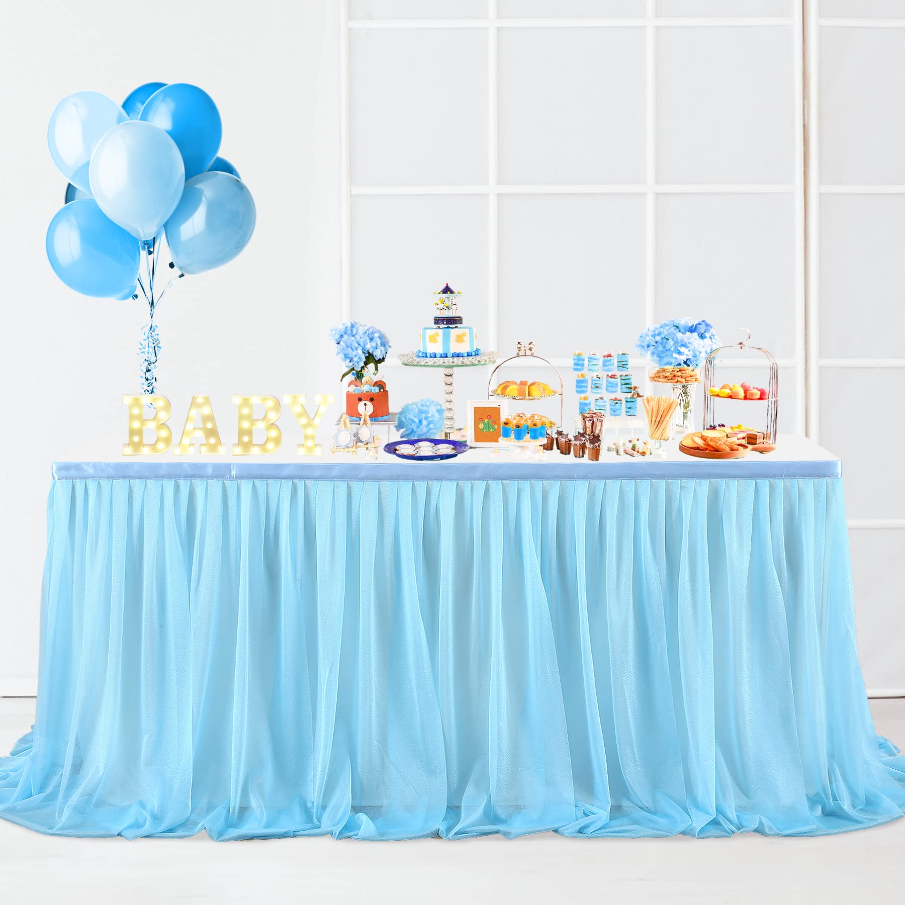 Baby Blue Chiffon Table Skirt - Wrinkle-Free Party Decor for 6ft Round/Rectangle Tables (72x30 Inches) | Perfect for Birthday Parties, Wedding Receptions & Cake Table Decorations