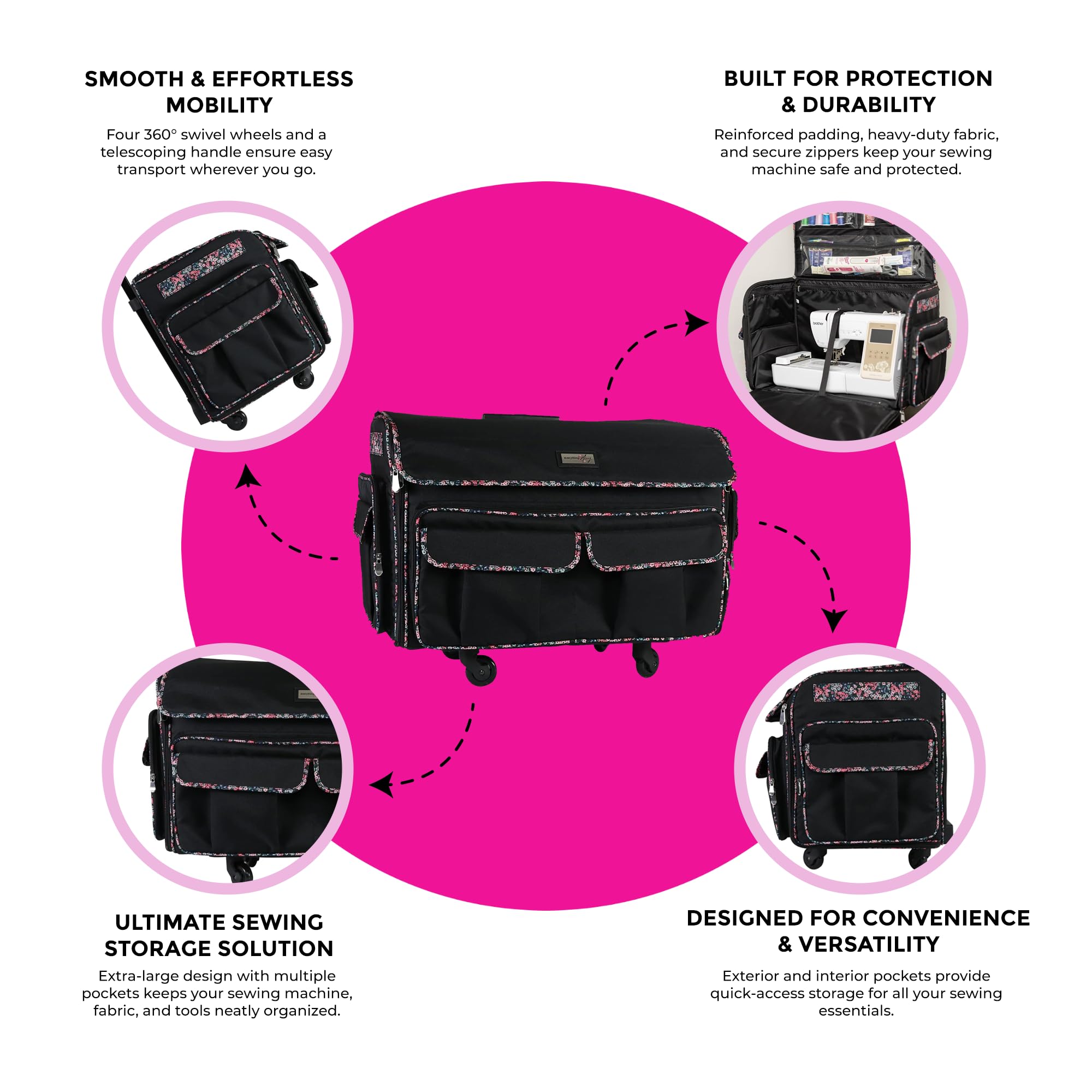 Everything Mary XXL Rolling Sewing Tote Bag - Universal Travel & Craft Storage Case for Brother/Singer Sewing Machines (Black Floral) - Perfect for Sewing Classes, Quilting Projects & Machine Transport