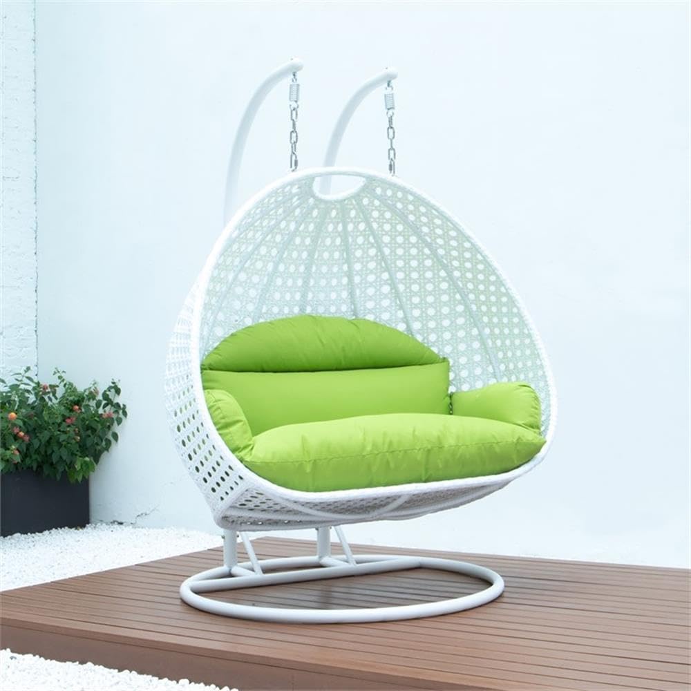 LeisureMod 2-Person Wicker Egg Chair - Outdoor/Indoor Hanging Swing with White Stand & UV-Resistant Cushions (Light Green) - Perfect for Patio, Garden, Bedroom or Balcony Relaxation