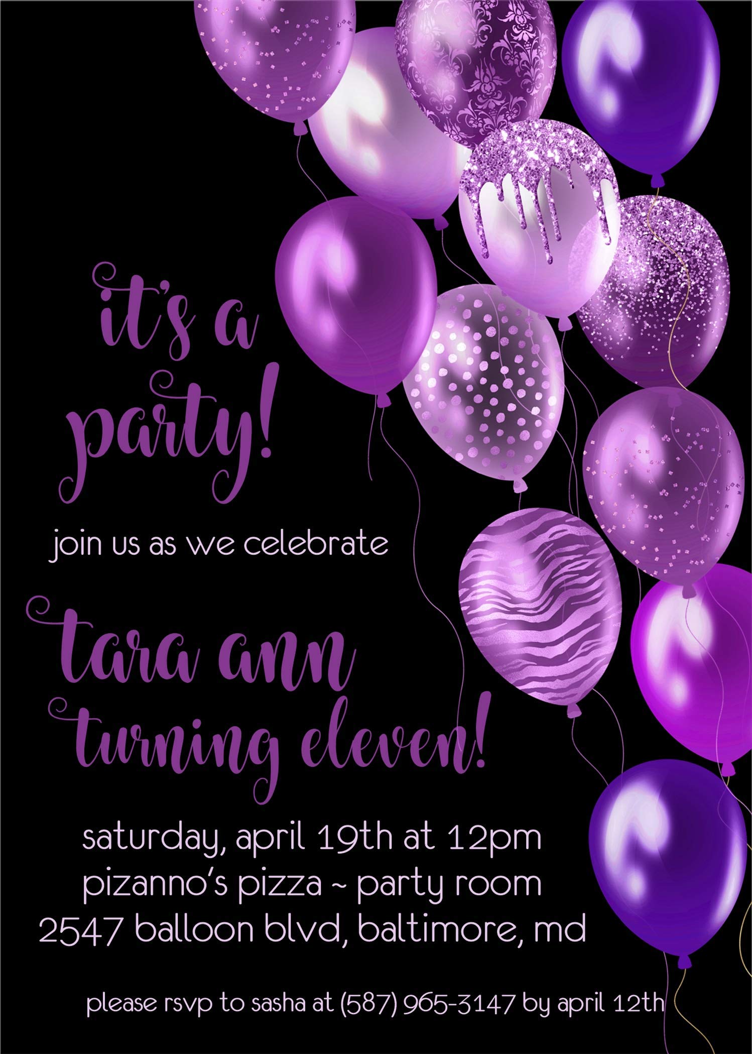 Elegant Purple and Black Birthday Party Invitations with Matching Envelopes - Perfect for Adult Milestone Birthdays, Anniversary Celebrations & Formal Events