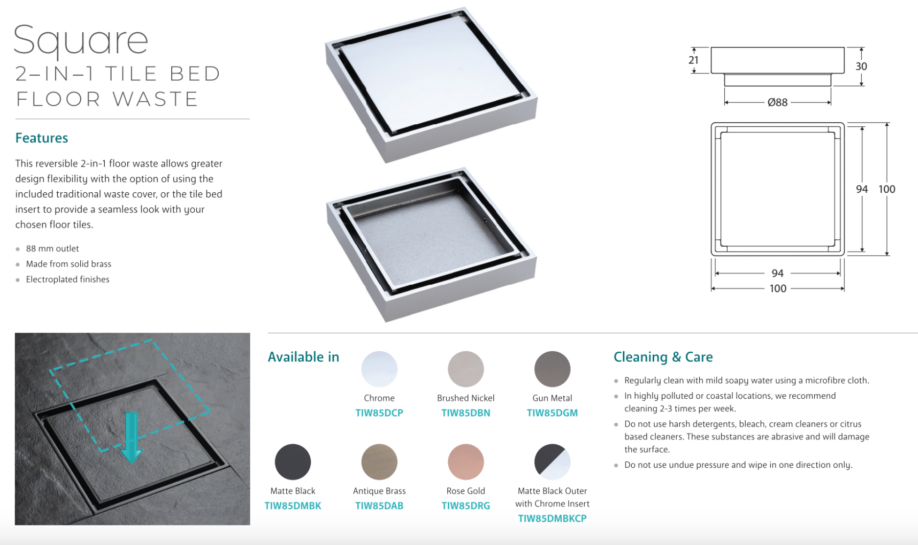 Fienza TIW85DCP 2-in-1 Square Tile Floor Waste Drain with 88mm Outlet - Chrome Finish for Bathroom & Shower Drainage
