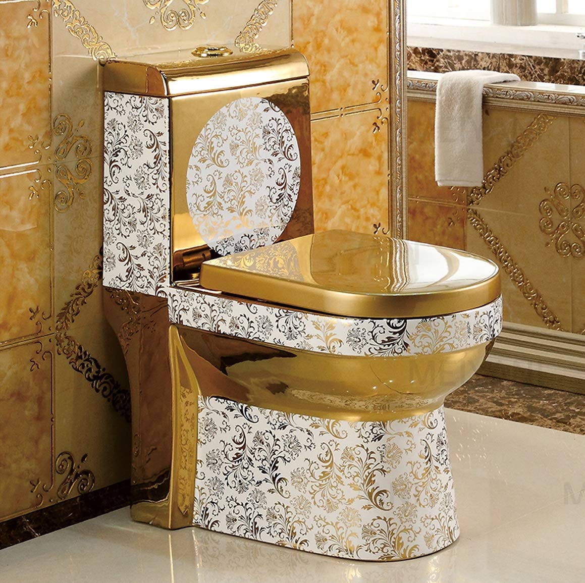 Premium One-Piece Ceramic Western Toilet with Square S-Trap Floor Outlet - Modern Gold Bathroom Commode for Home & Commercial Use | Ideal for Luxury Bathrooms, Hotels, and Upscale Restrooms