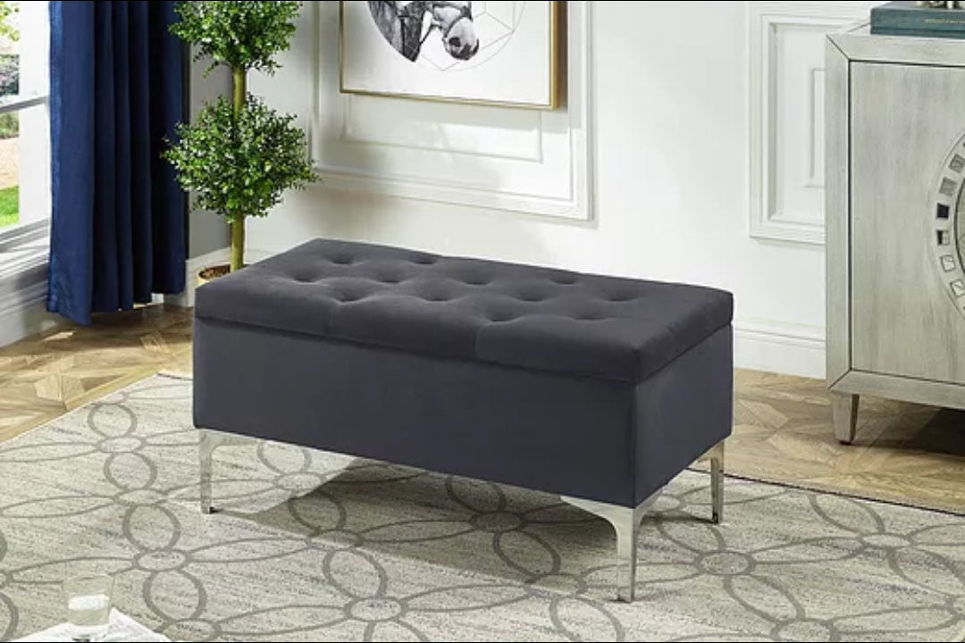 Grey Velvet Storage Bench with Deep Tufting & Chrome Legs - Model 6255 | Upholstered Entryway Seat with Hidden Storage | Perfect for Bedroom, Living Room & Hallway Organization