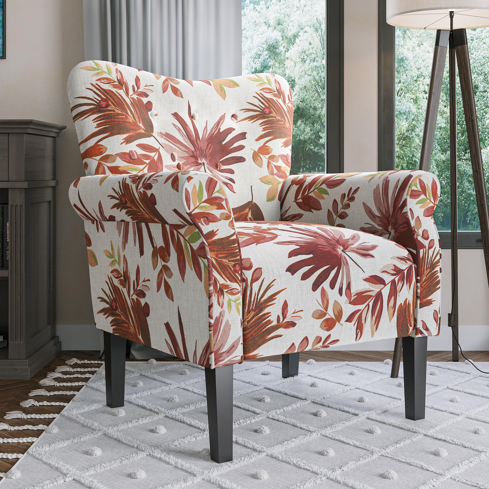 BELLEZE Modern Accent Chair - High Back Floral Wingback Armchair with Wooden Legs & Padded Armrests, Upholstered Single Sofa for Living Room, Bedroom, Office - Allston Red Floral Design - Perfect for Reading Nook, Lounge Area & Home Decor