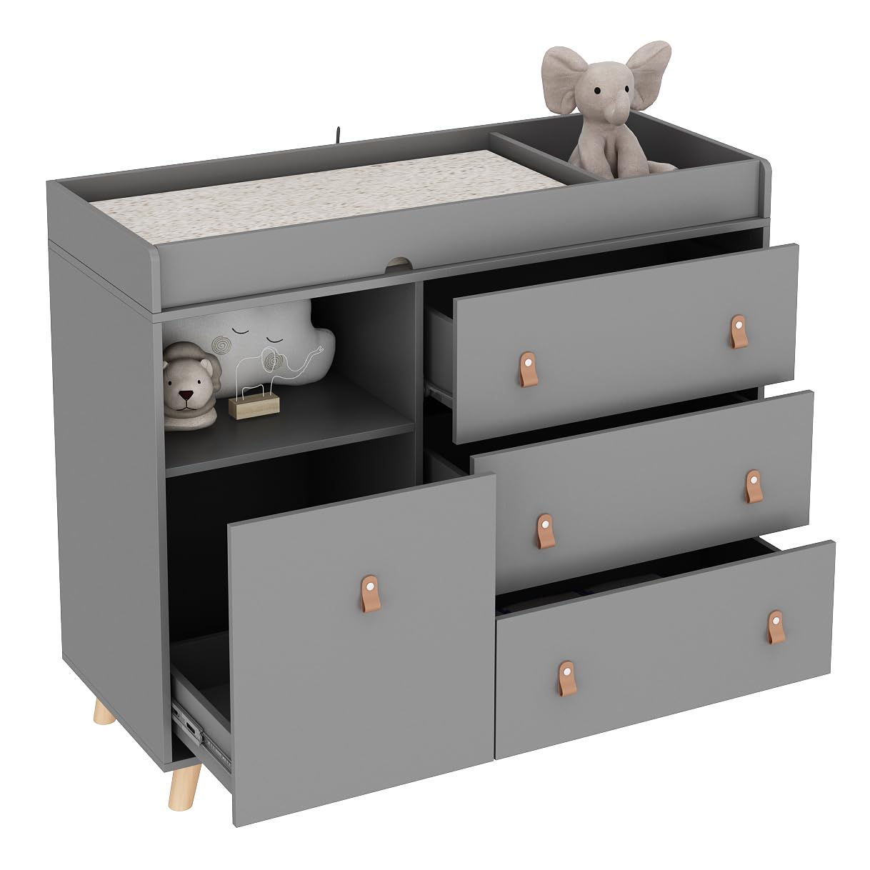 2-in-1 Baby Changing Table Dresser with Drawers & Shelf - Nursery Storage Organizer with Hidden Trash Bin - Grey Infant Diaper Changing Station for Daycare, Bedroom & Nursery Organization - Perfect for Baby Essentials Storage & Quick Diaper Changes