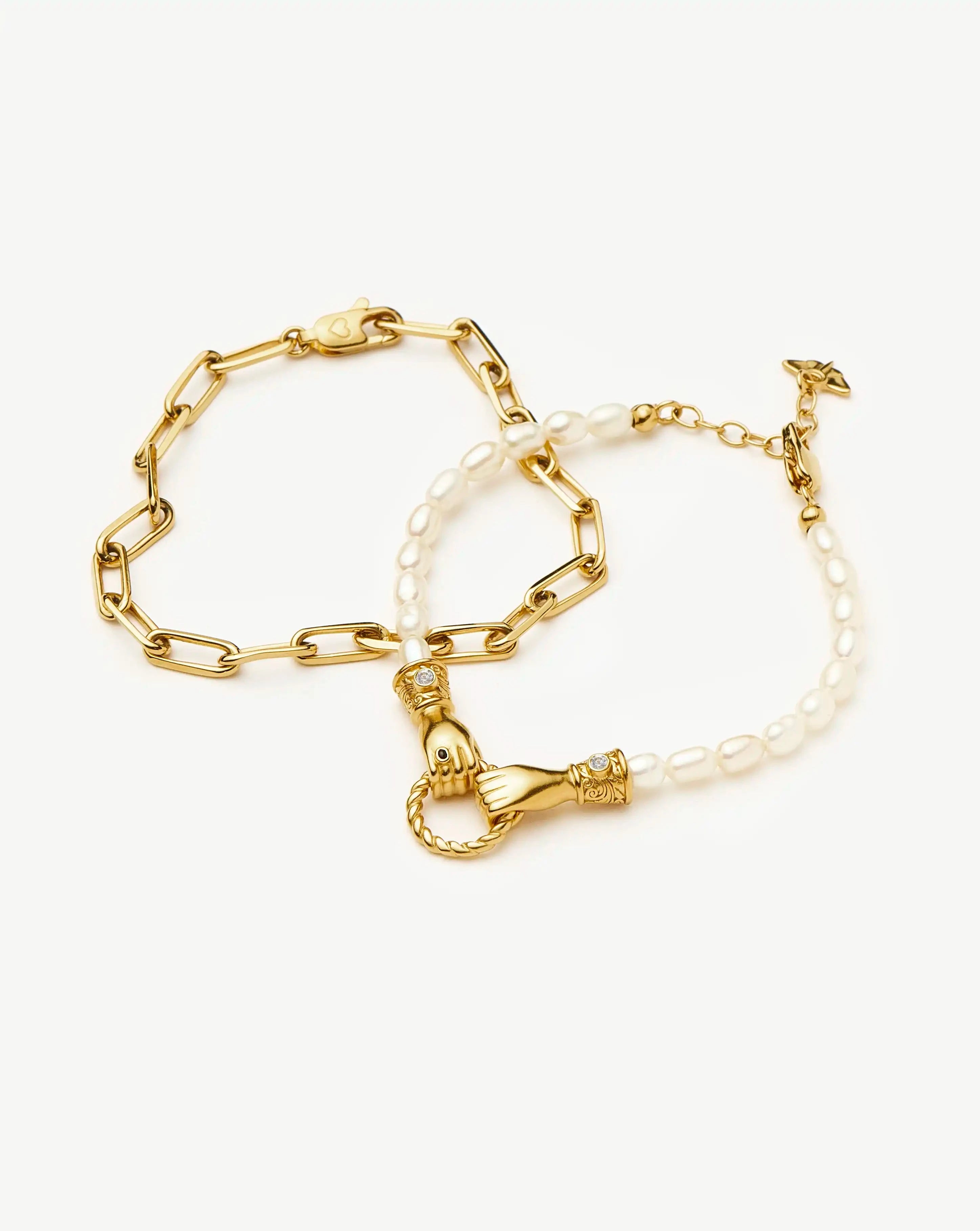 In Good Hands Pearl & Chain Bracelet Set - 18k Gold Plated Pearl & Black Onyx Jewelry for Women | Elegant Gift for Birthday, Anniversary & Special Occasions
