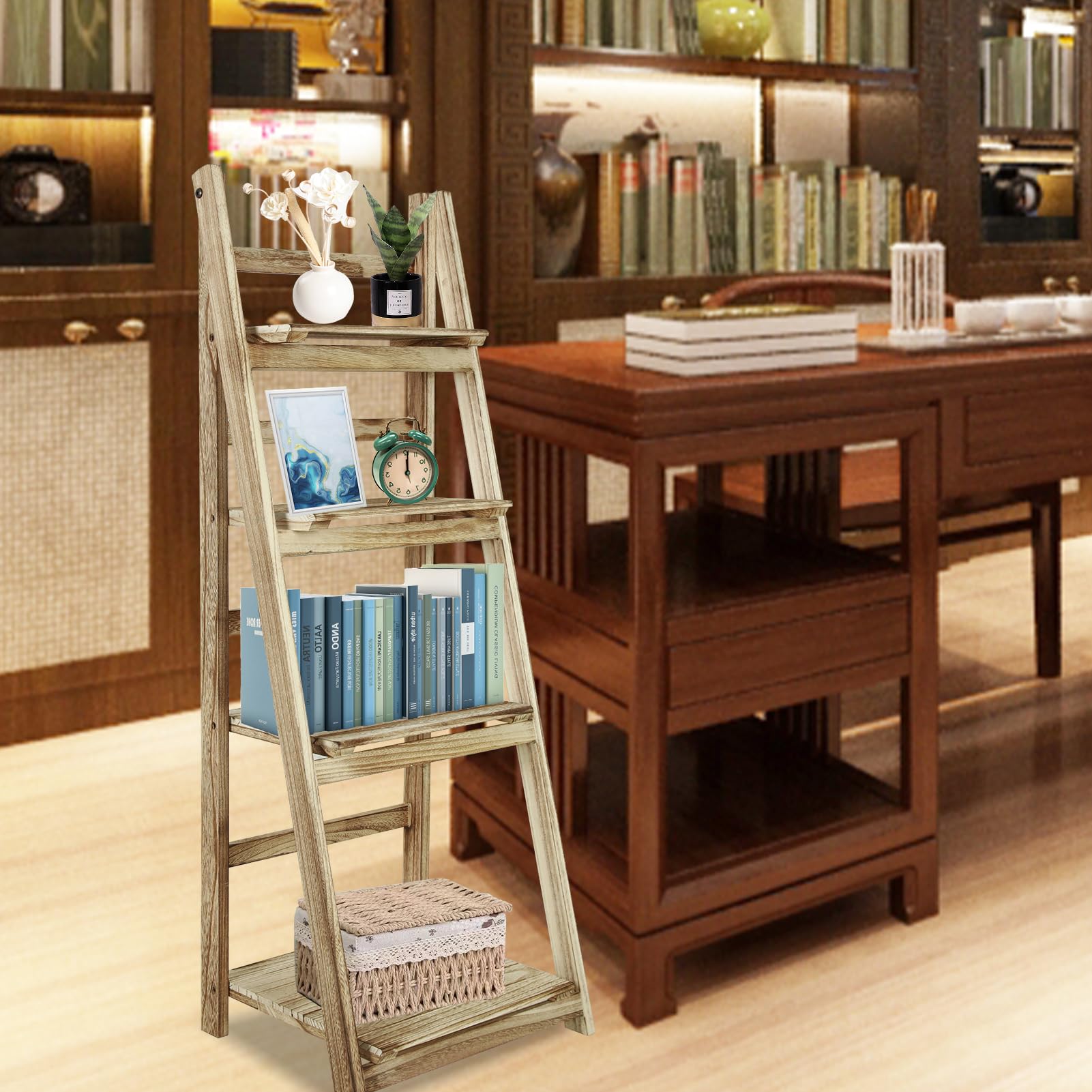 ECOMEX 4-Tier Wooden Ladder Shelf - Rustic Style Folding Bookshelf & Plant Stand for Indoor Decor, Living Room, Bedroom, or Office | Perfect for Displaying Books, Plants, and Decorative Items