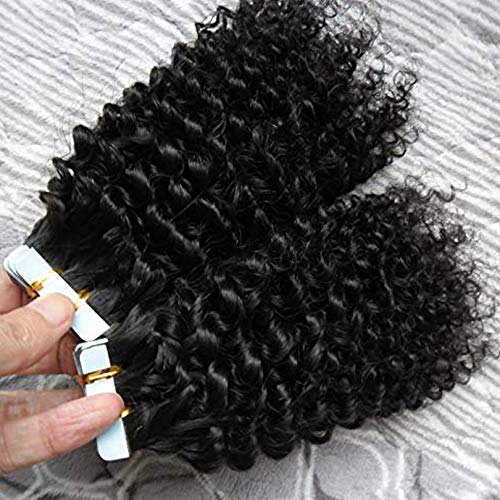 Brazilian Remy Human Hair Extensions - 40pcs Deep Curly Tape in Skin Wefts (10inch, 1B Natural Black) | Invisible Hair Weft for Volume & Length | Perfect for Parties, Weddings & Everyday Styling