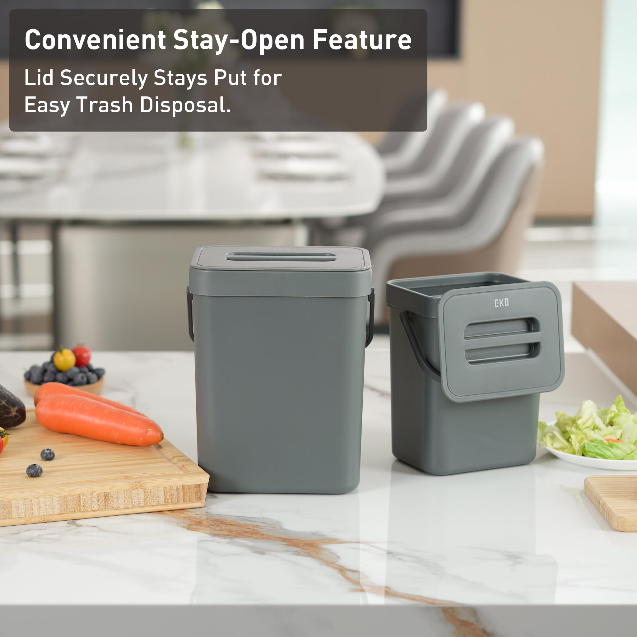 EKO Puro Mini Wall-Mounted Trash Can with Lid - 0.79 Gal / 3L Small Hanging Kitchen Compost Bin for Food Waste - Space-Saving Grey Indoor Garbage Can for Apartments, RVs & Small Spaces