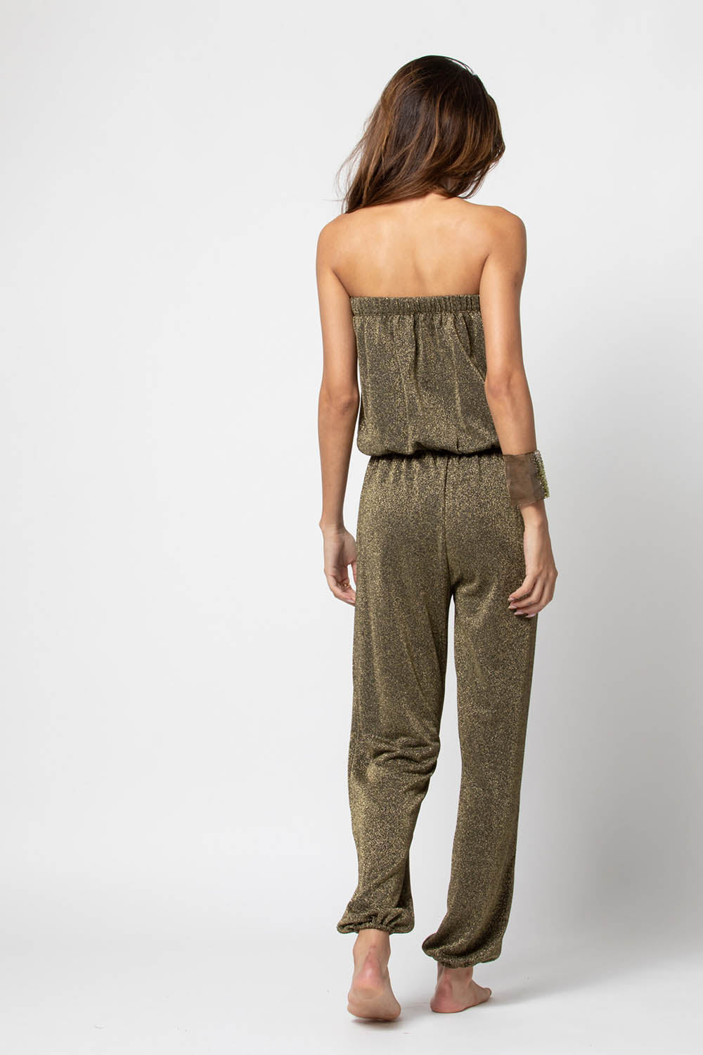 Glitter Tube Top & Trousers Jumpsuit in Gold/Khaki - Women's Sparkly Party Outfit for Nightclub, Festival & Special Occasions