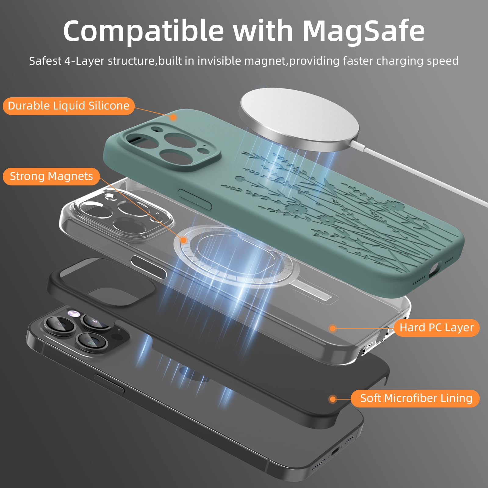 Magnetic Engraved iPhone 15 Pro Case with Magsafe Compatibility | Slim Liquid Silicone Phone Cover with All-Round Camera Protection | Elegant Midnight Green Floral Design for Women & Girls | Perfect for Everyday Use, Work & Travel Protection