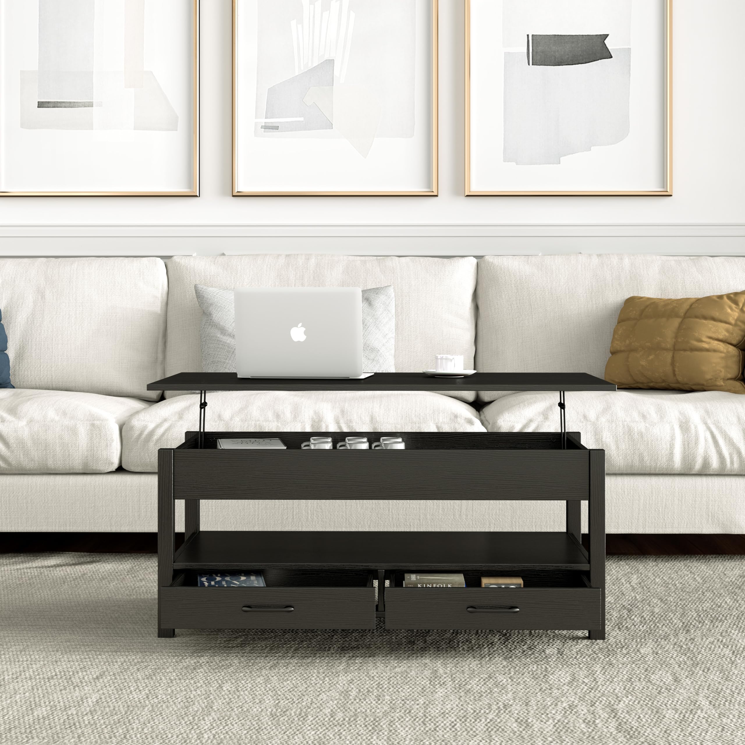 Lift Top Coffee Table with Hidden Storage - Retro Wooden Coffee Table with 2 Drawers & Open Shelf - Panana Lift-Top Living Room Table for Sofa & TV Area (Black) - Perfect for Small Spaces & Home Decor