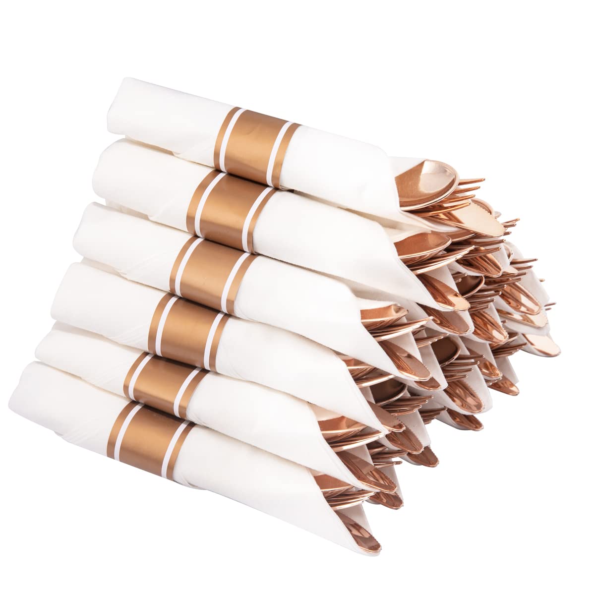 Premium Rose Gold Plastic Cutlery Set - 50 Packs Disposable Knife Fork Spoon & Napkin Combo for Wedding, Party, Catering Events | Elegant Dining & Special Occasions