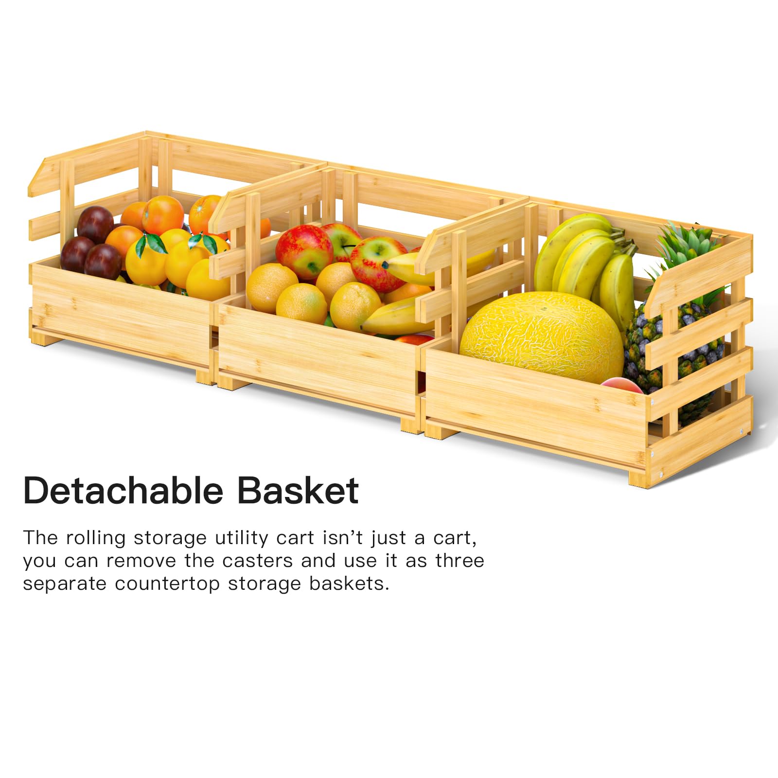 3-Tier Bamboo Fruit Basket for Kitchen Counter - Detachable Large Storage Organizer for Fruits, Vegetables, Snacks & Bread | Perfect for Pantry, Dining Room & Small Space Organization