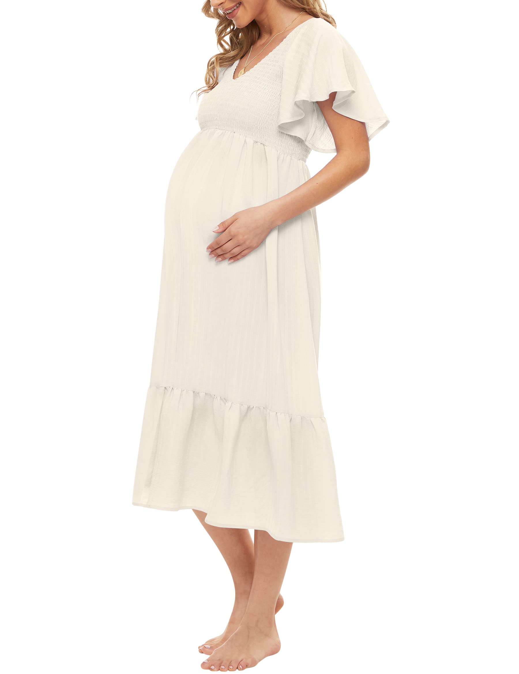 Boho Flutter Short Sleeve Maternity Dress - V-Neck Smocked Midi Dress for Baby Shower & Casual Wear (Sizes S-2XL) | Perfect for Pregnancy Photos, Bridal Showers & Summer Outfits