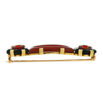 Vintage Art Deco 14K Gold Carved Onyx & Carnelian Brooch Pin - Elegant Antique Jewelry for Women, Perfect for Weddings, Parties & Special Occasions