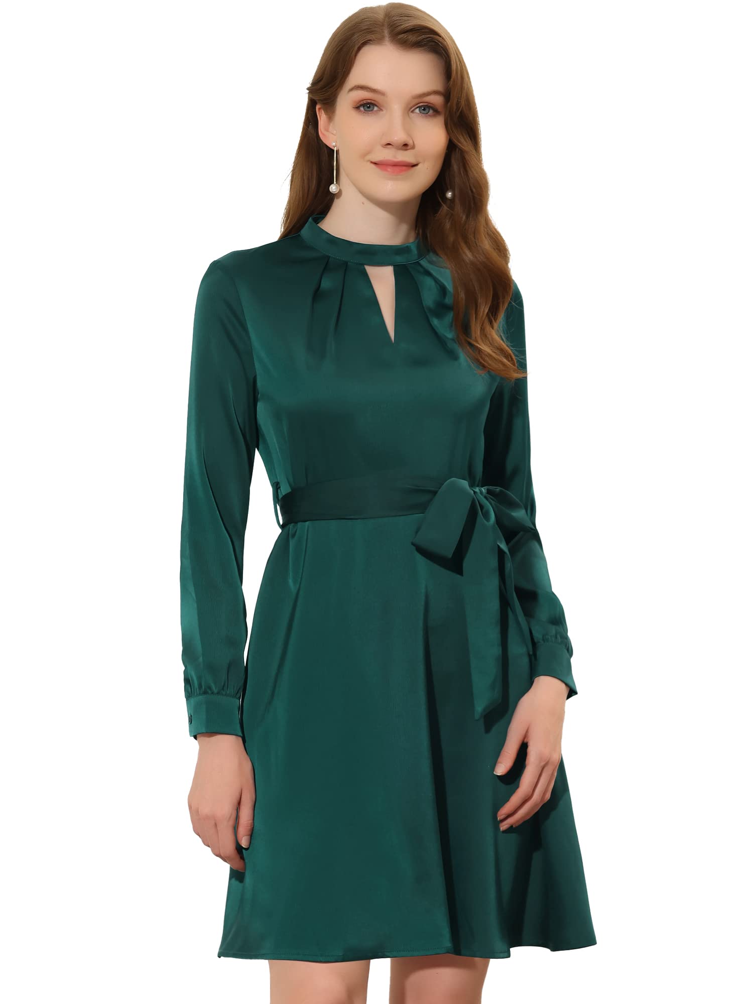 Allegra K Women's Elegant Satin A-Line Dress with Keyhole Tie Waist - Perfect for Work, Office, and Formal Occasions