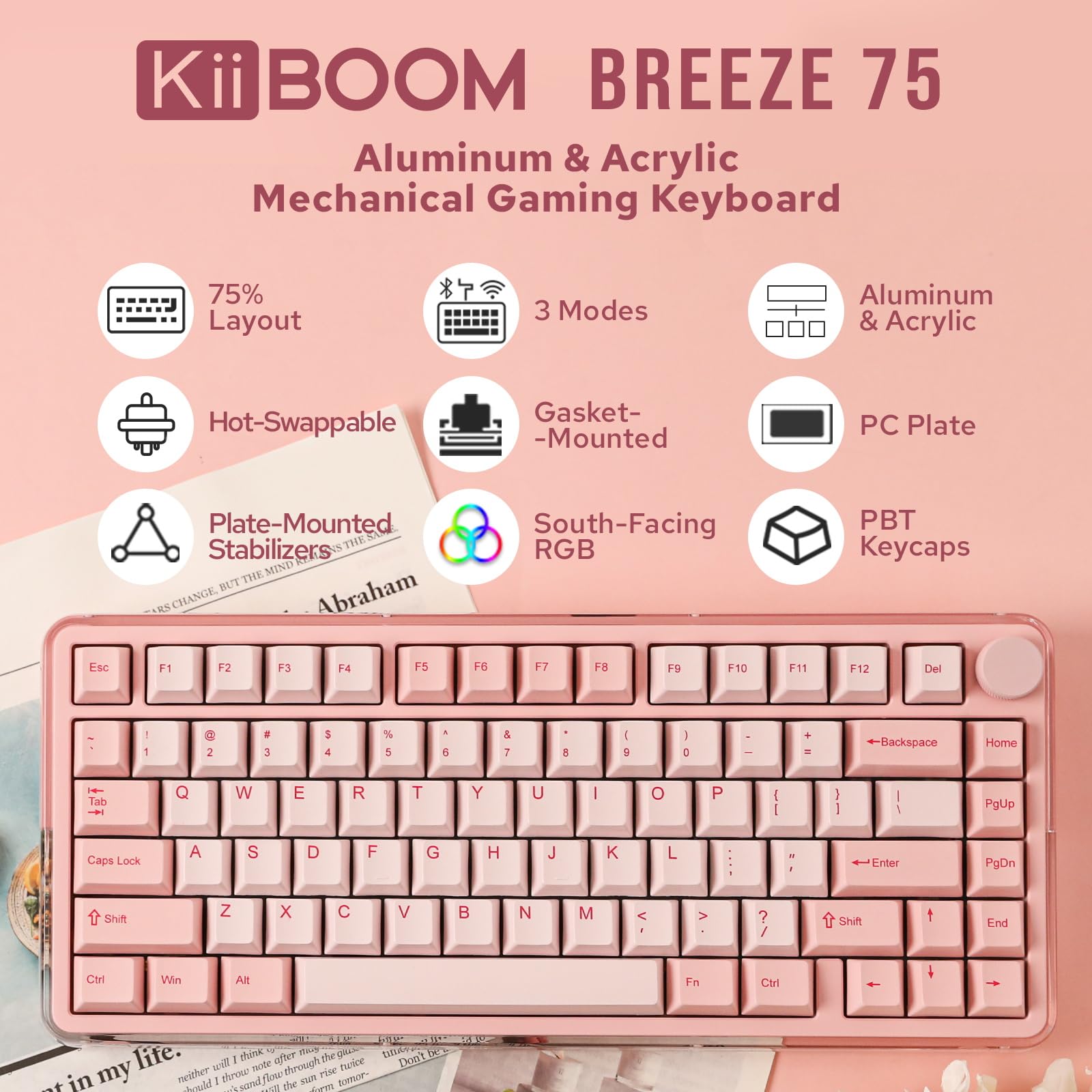 KiiBoom Breeze 75 75% Compact Wireless Mechanical Gaming Keyboard - CNC Aluminum & Acrylic Frame, USB-C/BT5.0/2.4GHz Connectivity, Gasket Mount, RGB Backlit, 8000mAh Battery for Windows/Mac (Pink) - Perfect for Gaming, Office Work, and Typing Enthusiasts