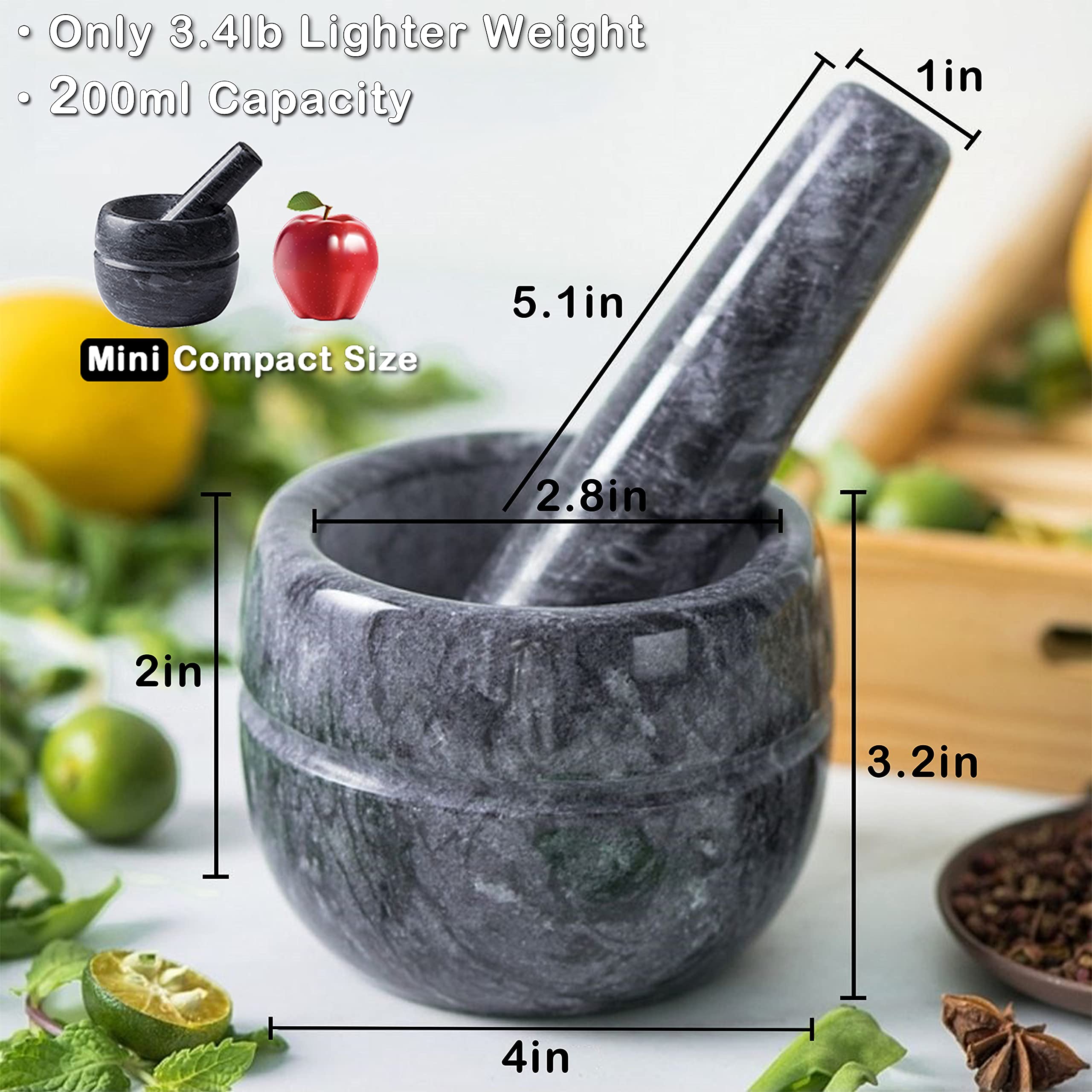 Premium Marble Mortar and Pestle Set - Natural Polished Stone Guacamole Bowl, Herb Grinder, and Spice Crusher with Silicone Mat & Spoon - 200ml (Dark Gray) - Perfect for Making Guacamole, Crushing Herbs, and Grinding Spices in Your Kitchen