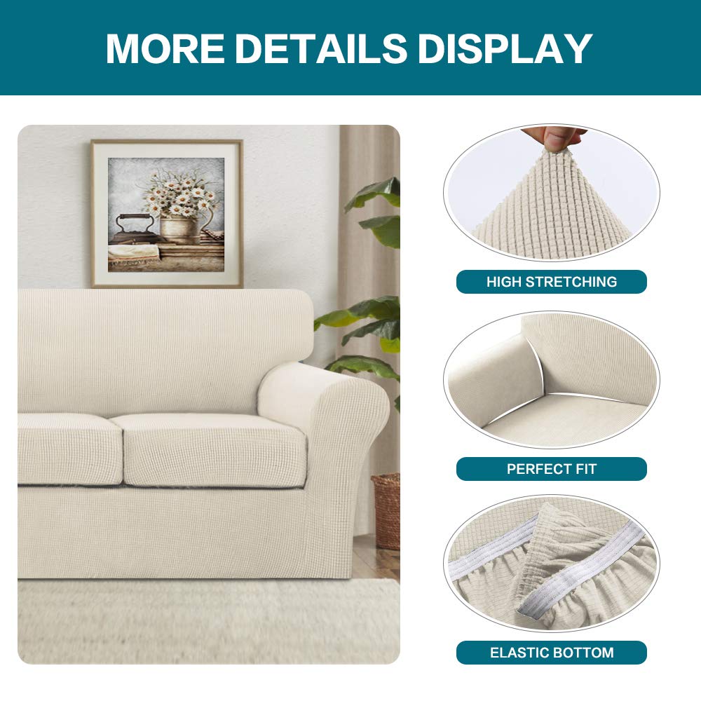 Turquoise 4-Piece Sofa Slipcover Set for 3-Cushion Couch - Washable Pet-Friendly Furniture Protector with 3 Individual Large Cushion Covers in Soft Feature Fabric (XL Size, Biscotti Beige) - Perfect for Living Room, Family Room & Pet Owners