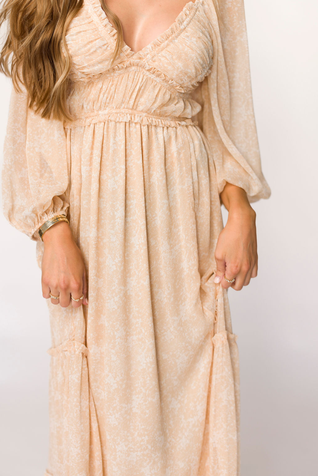 Daphne Long Sleeve Maxi Dress - Light Beige/White Floral Print | Bump Friendly Maternity & Inclusive Sizing (XS-3XL) | Perfect for Pregnancy, Weddings & Special Occasions