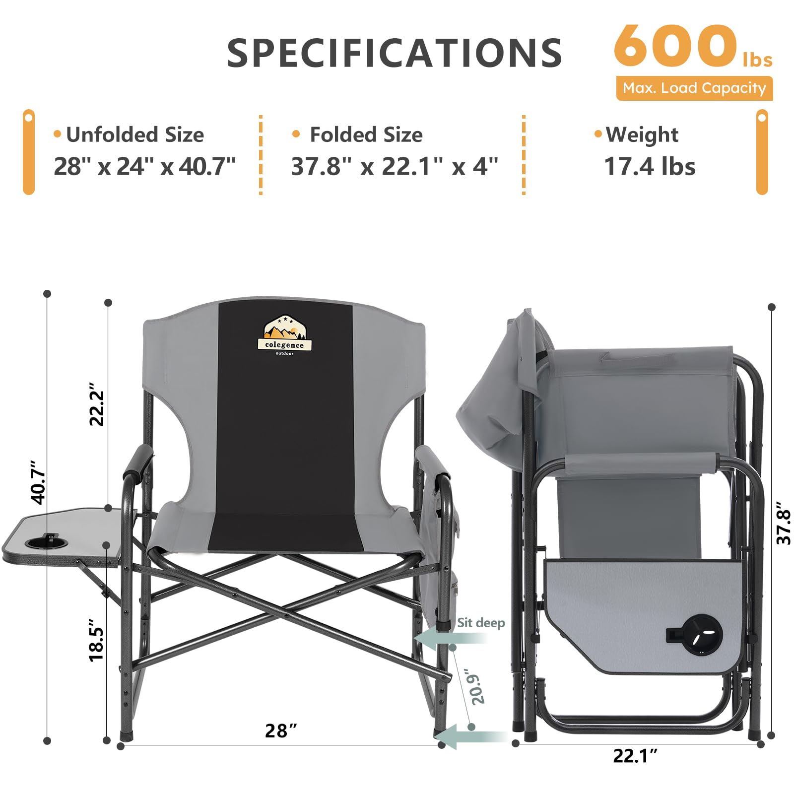 Heavy Duty Oversized Camping Chair with 600 LB Capacity - Folding Outdoor Chair with Detachable Side Pocket & Adjustable Side Table - Perfect for Beach, Lawn, Fishing, Tailgating & Backyard Relaxation (Black)