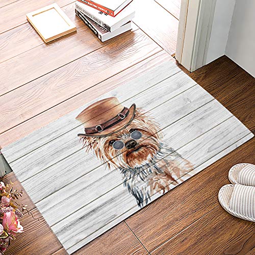 Brawvy 16x24 Inch Non-Slip Indoor Door Mat - Yorkshire Terrier Pet Design Rustic Wood Board Doormat for Entrance, Bathroom & Kitchen - Perfect for Home, Office, and High Traffic Areas
