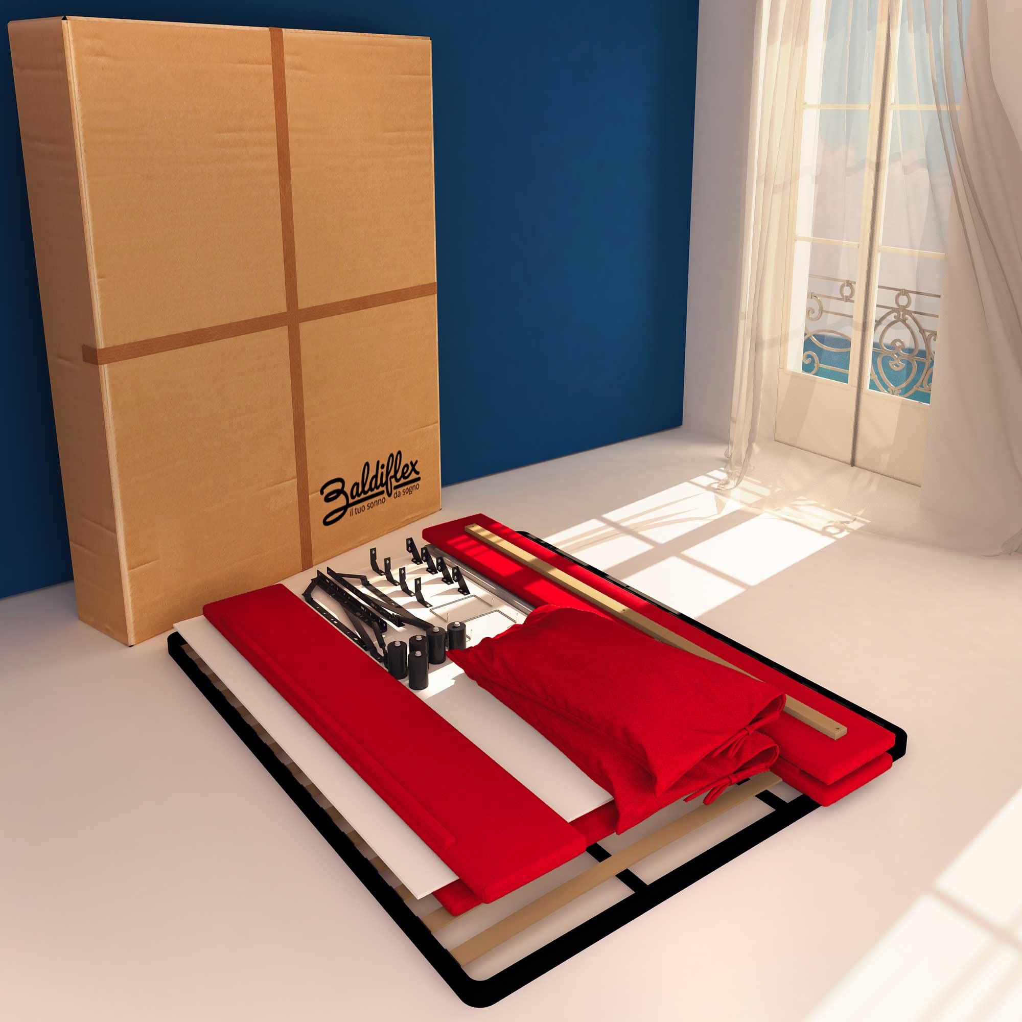 Baldiflex Single Bed with Storage - Licia Soft Synthetic Leather, Slatted Base for Single Mattresses, 160 x 200 cm, Finely Padded Headboard, Red - Perfect for Small Bedrooms, Guest Rooms & Studio Apartments
