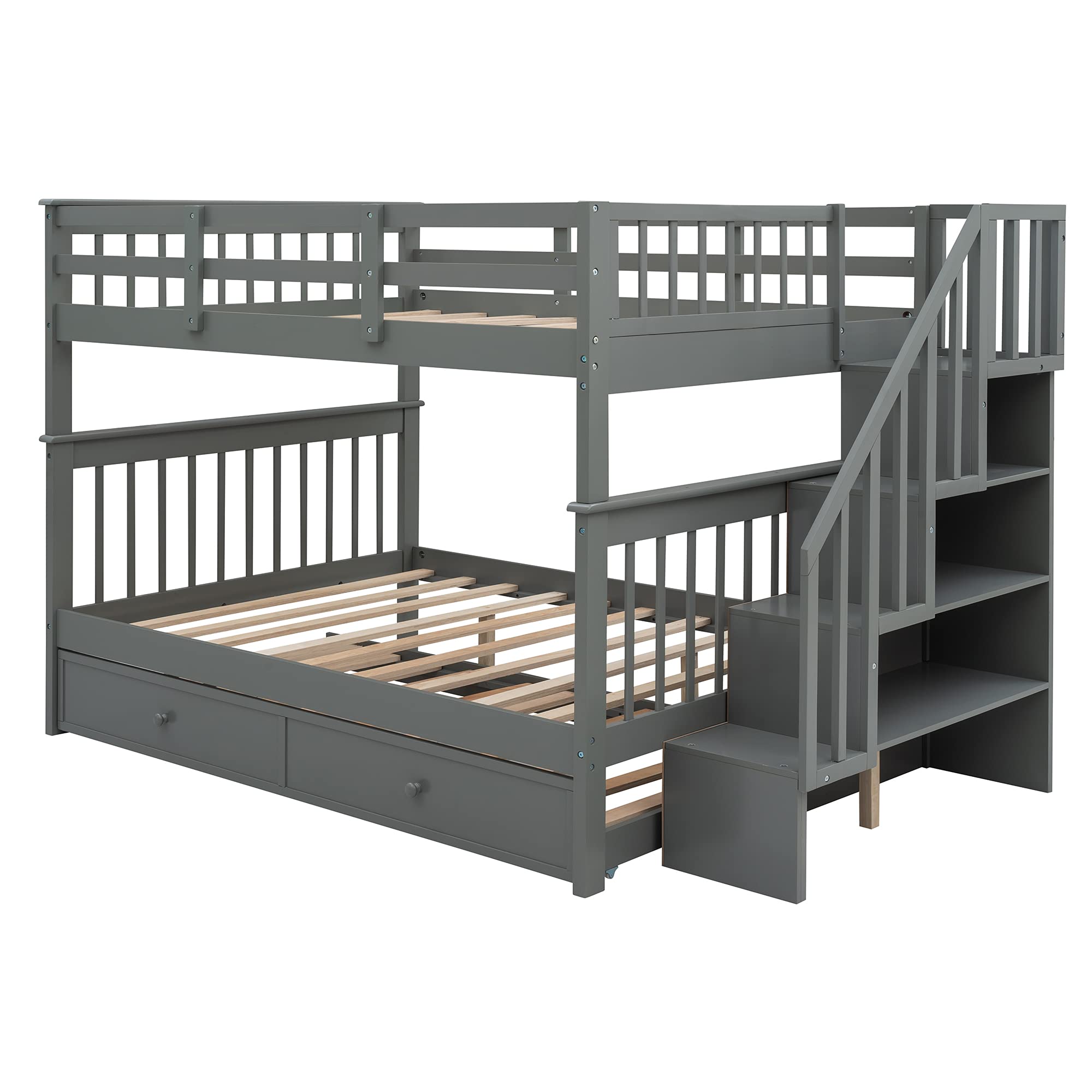 Harper & Bright Designs Full Over Full Bunk Bed with Trundle, Storage Shelf & Stairs - Sturdy Wood Frame with Safety Guard Rail for Kids, Teens & Adults (Gray) - Perfect for Small Bedrooms, Guest Rooms & Vacation Homes