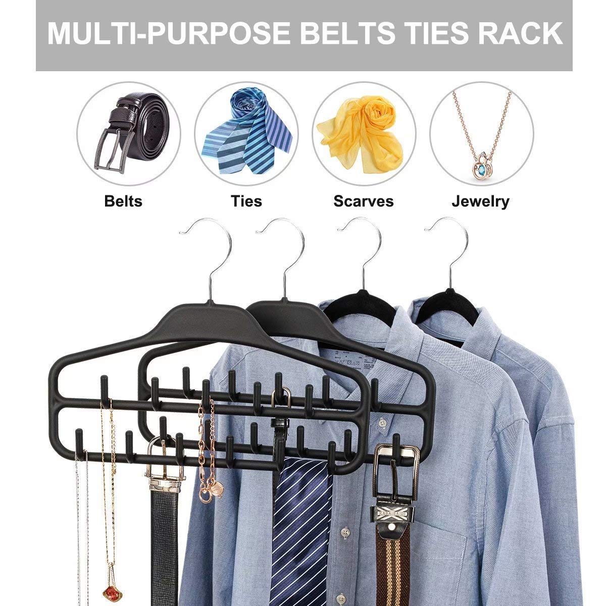 FairyHaus 2-Pack Non-Slip Belt & Tie Hanger Organizer - Durable Closet Hooks for Belts, Ties, Jewelry, Scarves (Black) - Perfect for Closet, Bedroom & Travel Organization