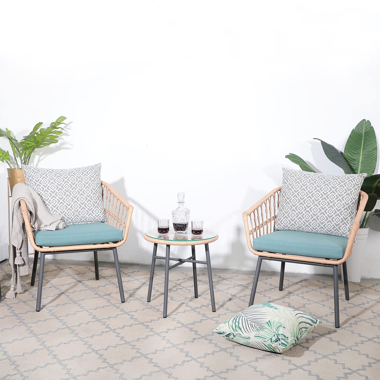 Wood-it 3-Piece Patio Furniture Set - Outdoor Bistro Conversation Set with Tempered Glass Coffee Table & Wicker Chairs - Perfect for Garden, Balcony, Backyard, Poolside & Patio (Green) - Ideal for Relaxing, Entertaining & Outdoor Dining