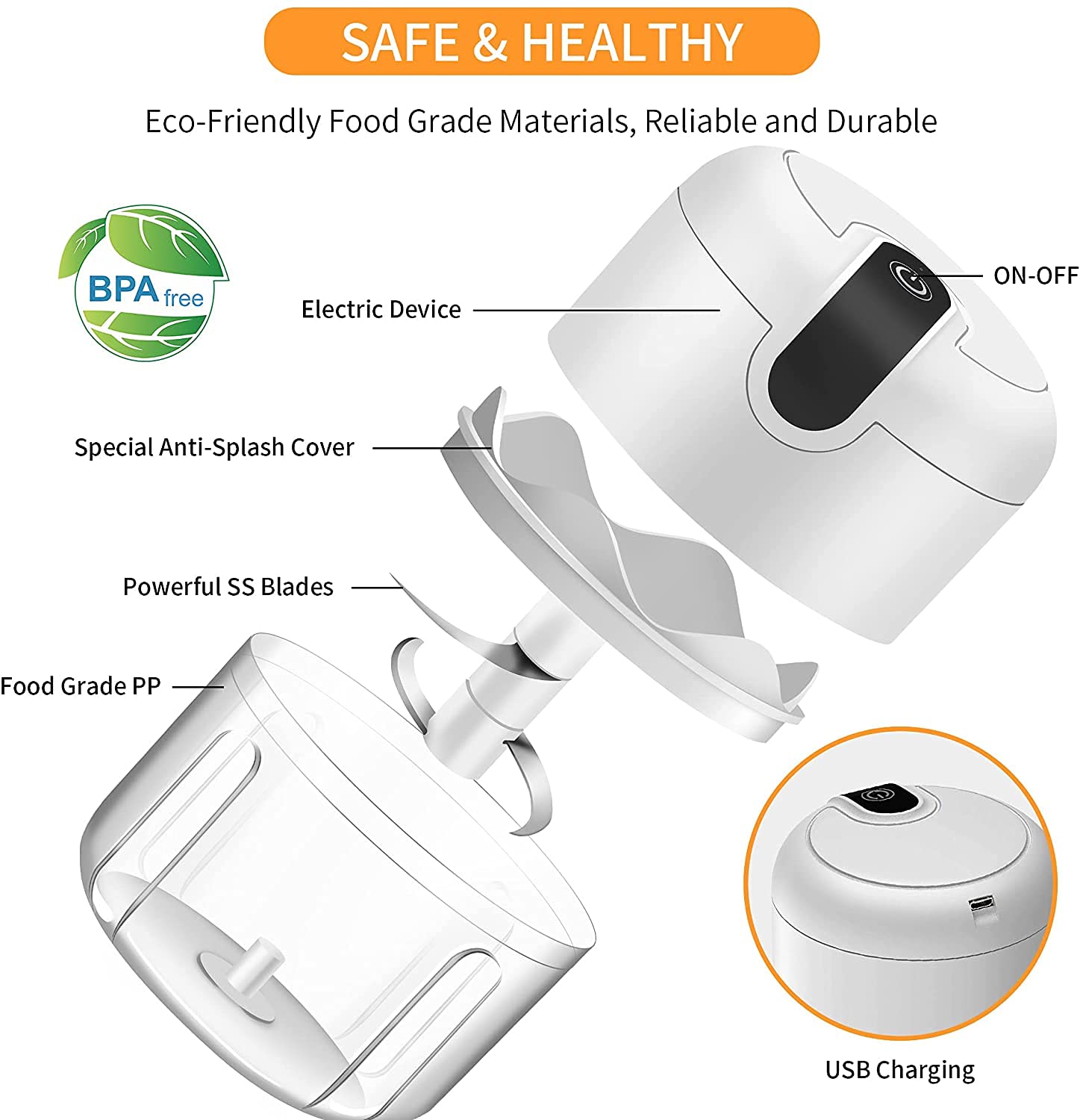 Electric Mini Garlic Chopper & Food Processor - Portable Cordless USB Rechargeable Vegetable Chopper, Meat Grinder for Garlic, Ginger, Chili, Fruits, Baby Food - 250ml White Kitchen Gadget for Home Cooking, Meal Prep & Camping