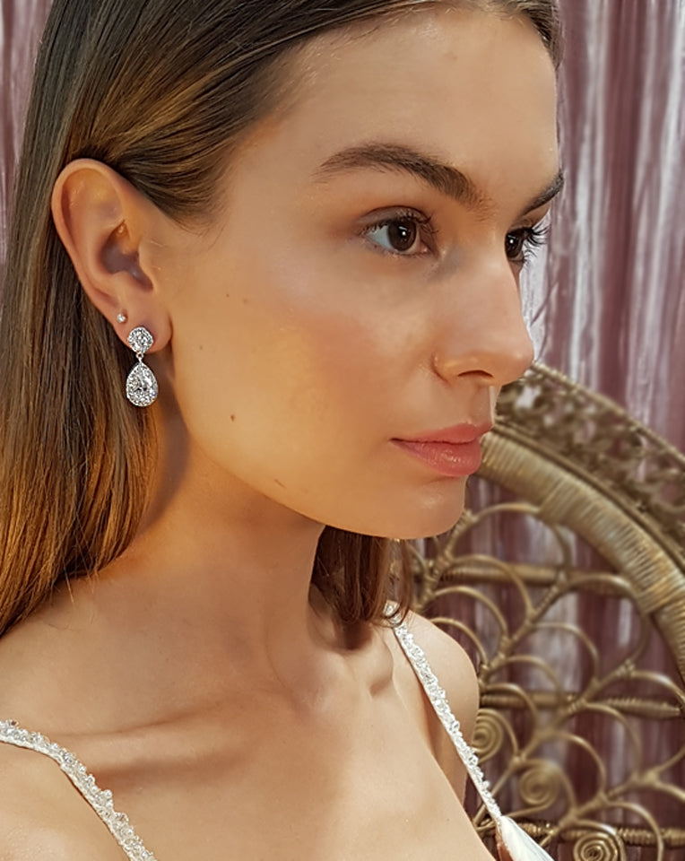 Gabriela by Johnny B at Kezani - Elegant Small Pear Drop Halo Wedding Earrings for Brides, Bridesmaids & Formal Occasions