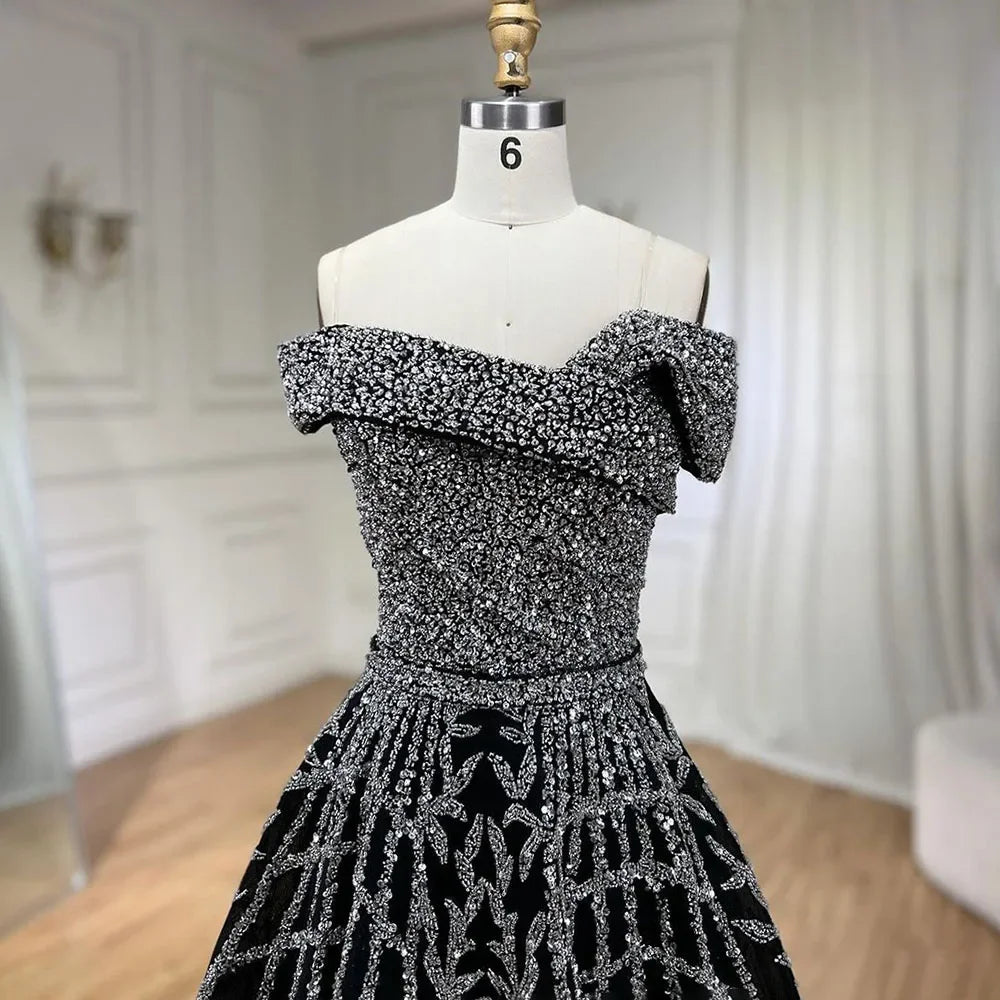 Serene Hill Elegant Black Beaded A-Line Evening Gown 2025 | Off-Shoulder Luxury Long Party Dress for Women | Perfect for Galas, Weddings & Formal Events - LA72224