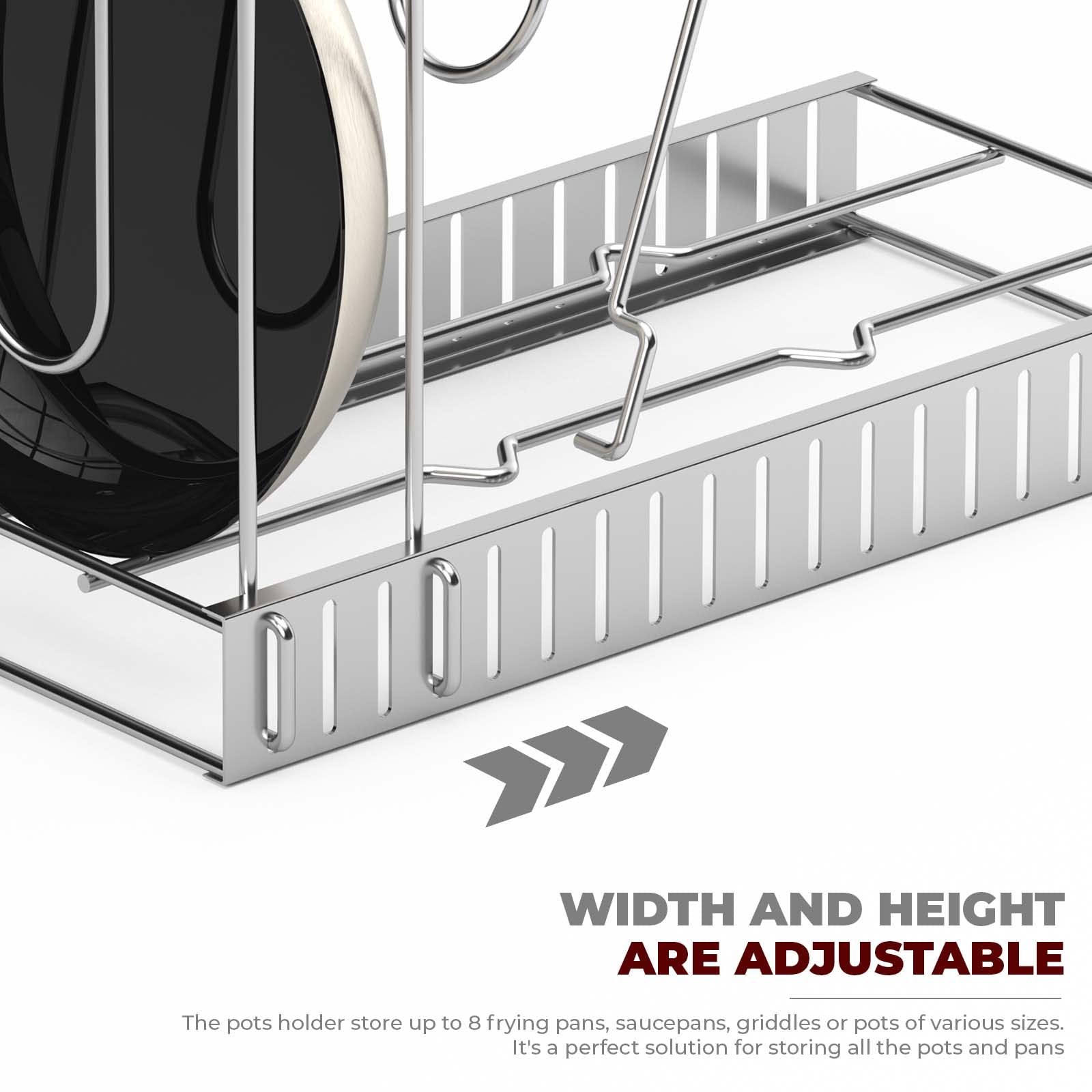 Vdomus Adjustable Pot Rack Organizer - 3 DIY Methods for Kitchen Cabinet Storage, Space-Saving Pan and Lid Holder for 8+ Pots & Pans (Silver) - Perfect for Small Kitchens, Apartment Cooking & Cabinet Organization