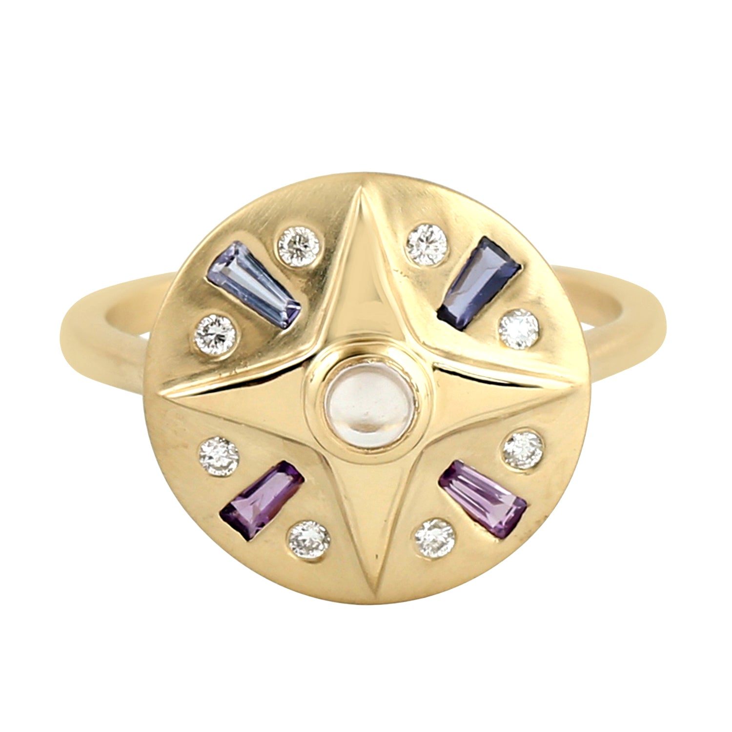 Exquisite Gold Ring with Baguette Sapphire, Tanzanite, Amethyst, Iolite & Rose Quartz | Bezel-Set Diamond Accents | Elegant Jewelry for Weddings, Anniversaries & Special Occasions