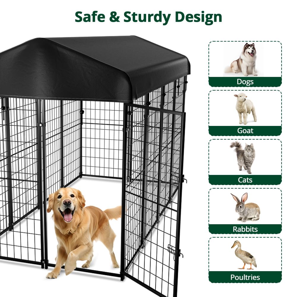 Heavy Duty 8'x6'x4' Outdoor Dog Kennel with Roof - UV-Resistant Waterproof Cover for Large Dogs - Durable Welded Steel Dog Crate & Playpen - Perfect for Backyard, Patio, and Kennel Training