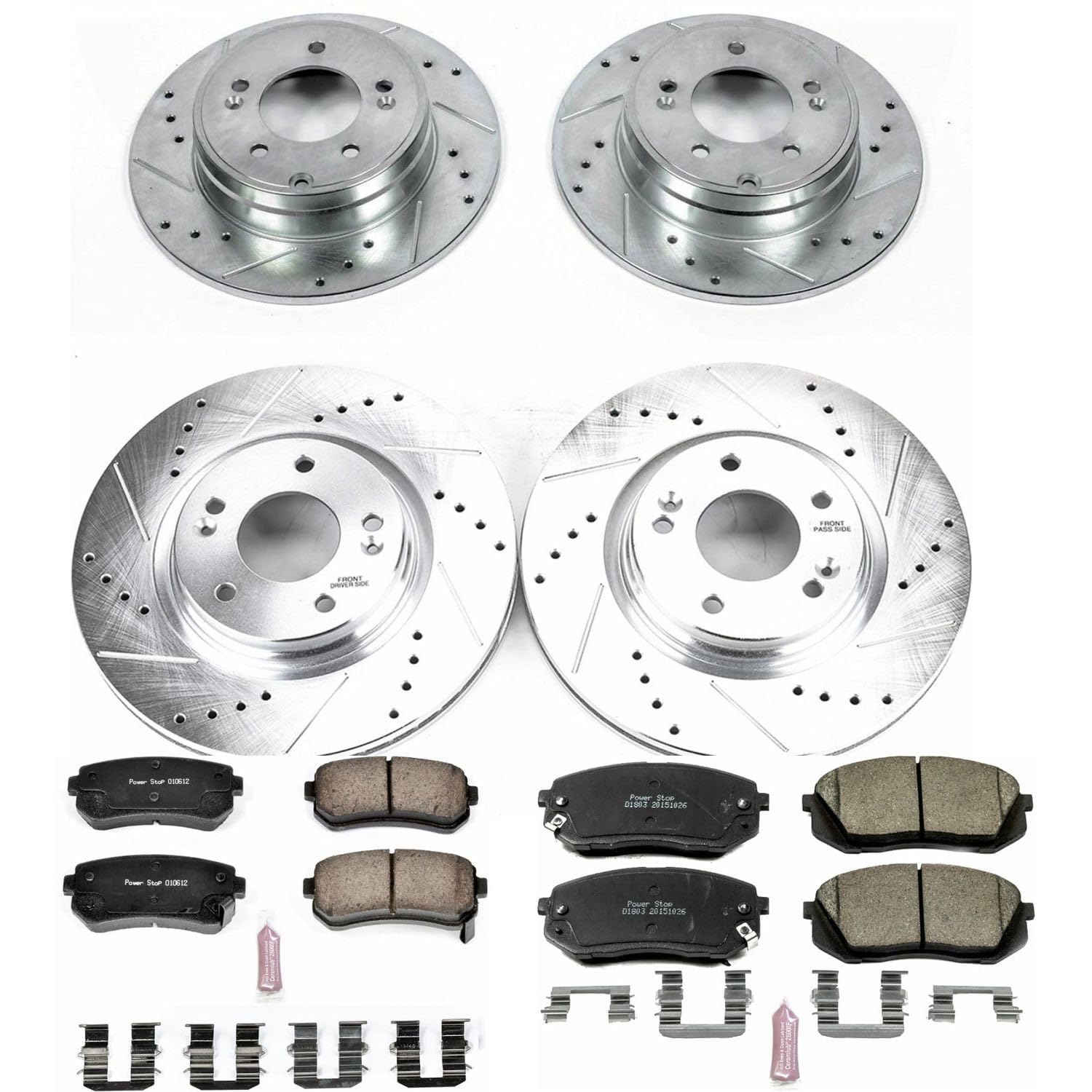 Power Stop K6981 Z23 Carbon Fiber Brake Pads & Drilled Slotted Rotors Kit - Fits 2015 Hyundai Sonata | High-Performance Braking | Ideal for Daily Commuting & Performance Driving