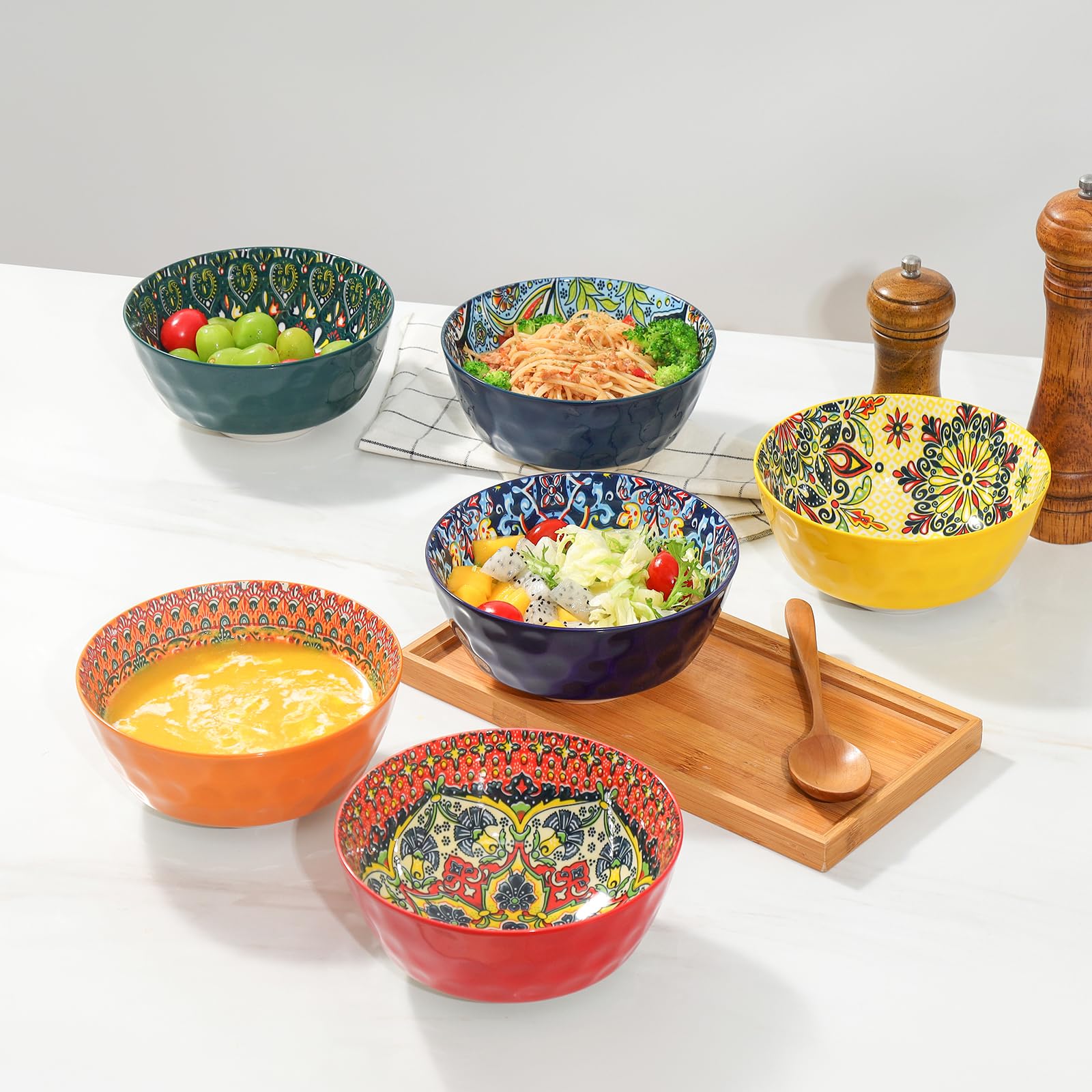 KitchenTour 6-Piece Ceramic Cereal Bowls Set - 26oz Microwave & Dishwasher Safe Soup Bowls for Oatmeal, Salad, Pasta, Dessert - Colorful 6.4 Inch Serving Bowls for Dining, Kitchen, Restaurant & Party Use