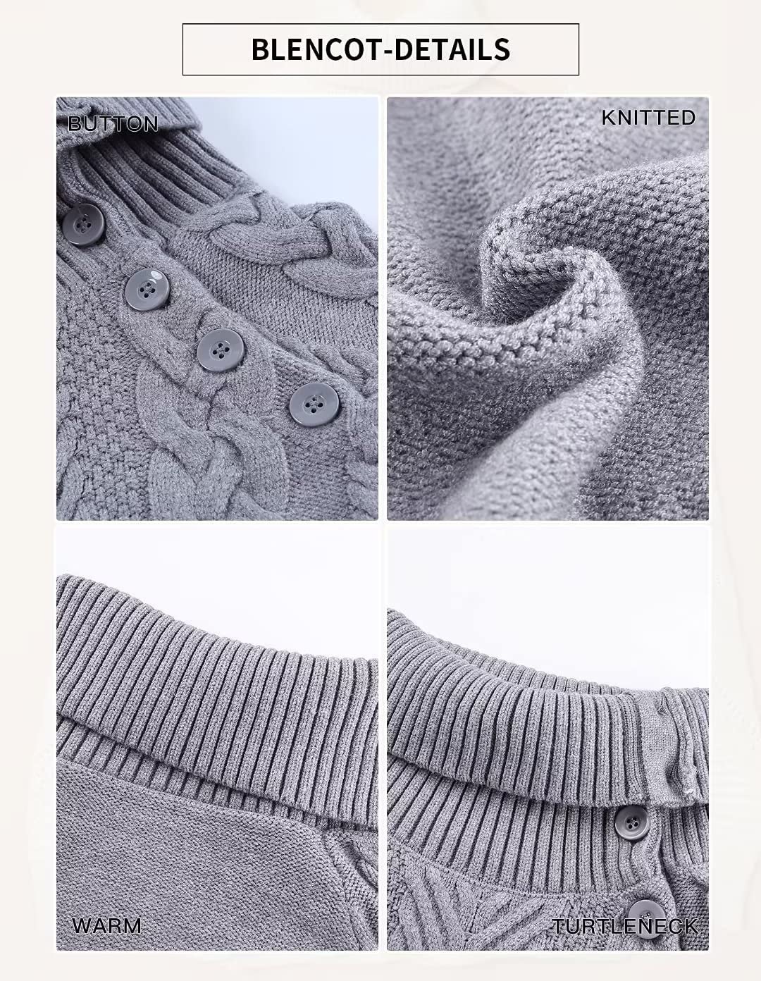 BLENCOT Women's Chunky Cable Knit Turtleneck Sweater - Soft Long Sleeve Pullover Jumper for Winter - Perfect for Office Wear, Casual Outfits & Holiday Parties
