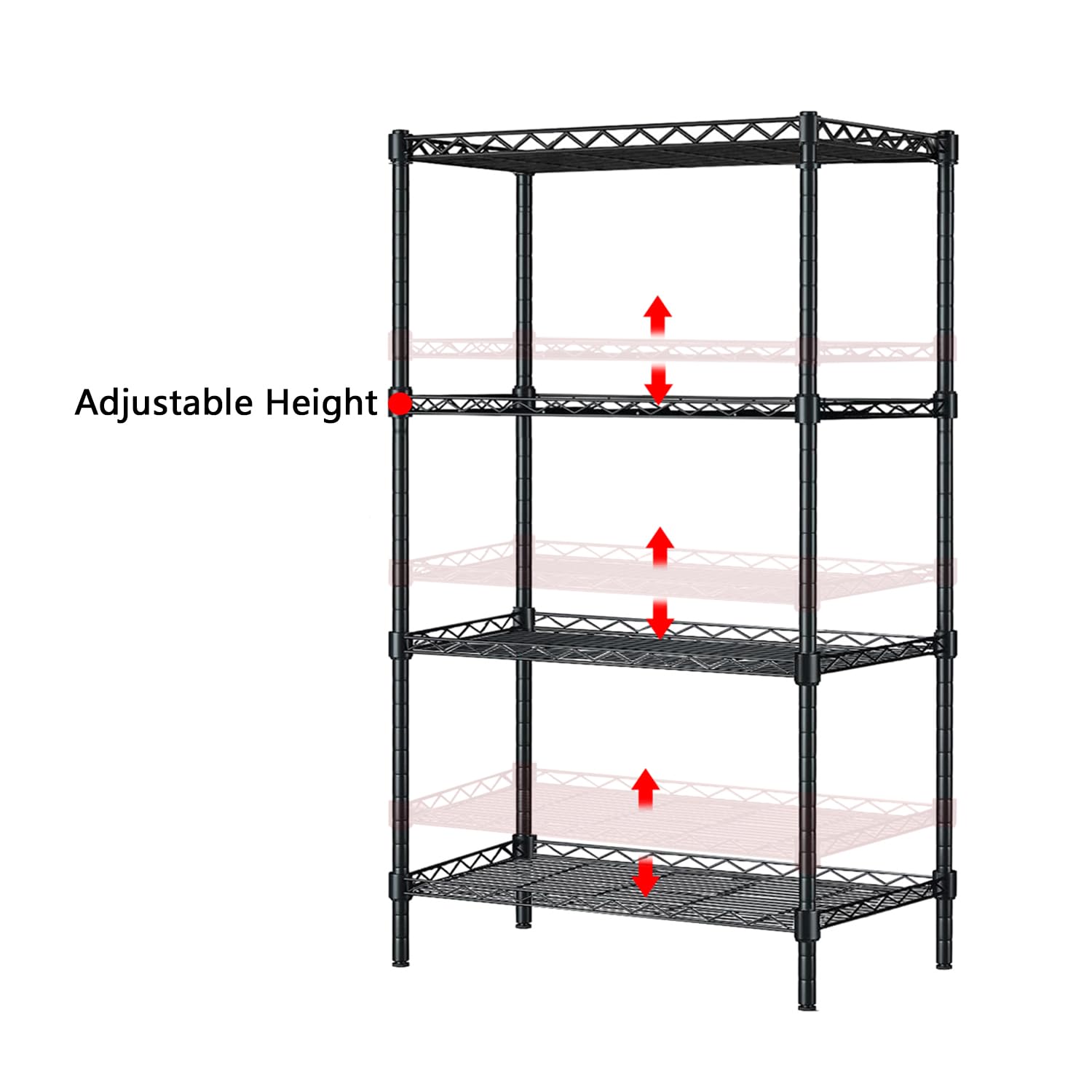 4 Tier Adjustable Metal Wire Shelving Rack - Heavy Duty Storage Shelf Unit for Kitchen, Laundry, Garage & Pantry Organization (Black) - Perfect for Storing Food, Cleaning Supplies & Household Items