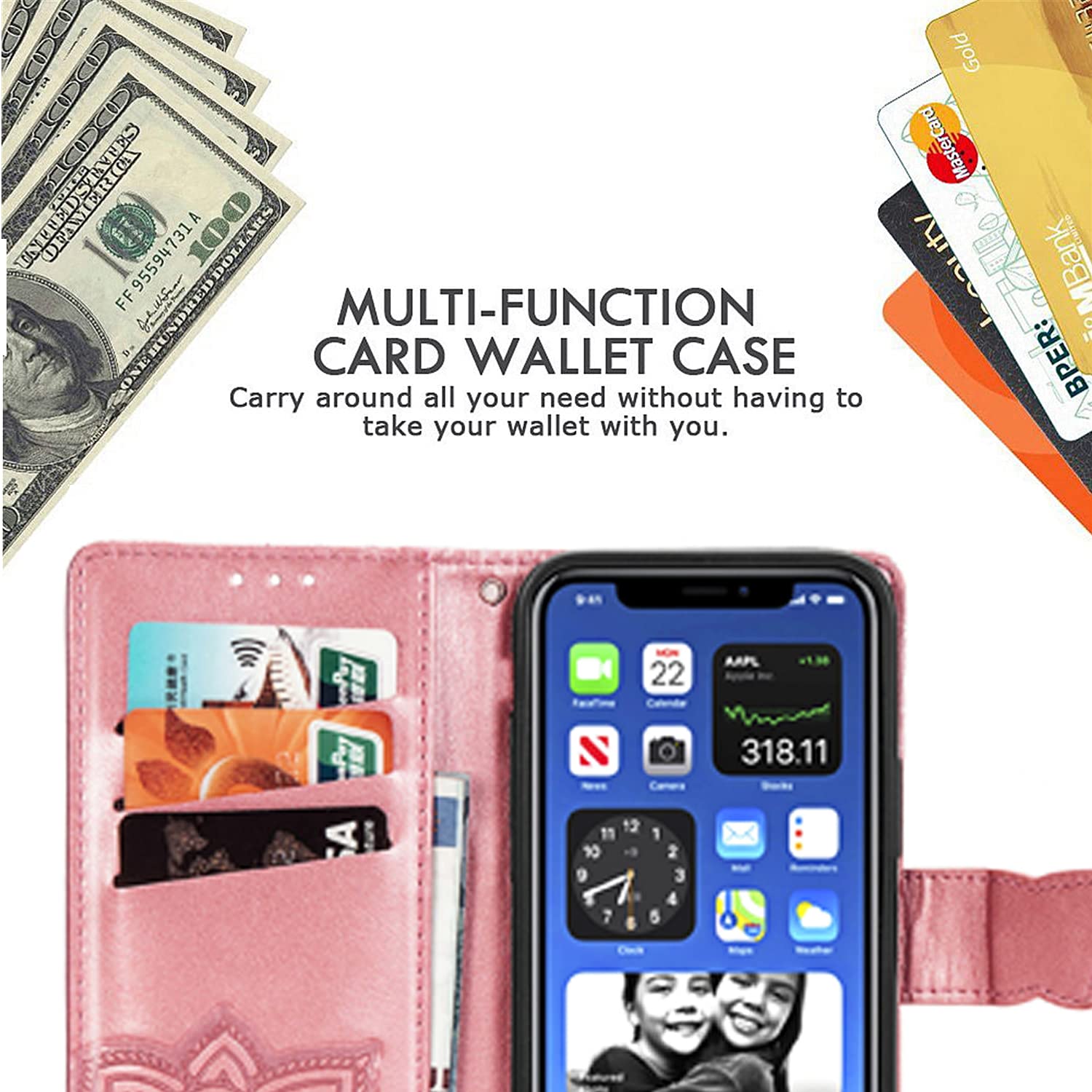 Premium PU Leather Wallet Case for iPhone 13 Pro Max - Flip Cover with Card Slots, Wrist Strap & Kickstand | Butterfly Flower Embossed Design in Pink | Perfect for Everyday Use, Travel & Hands-Free Convenience