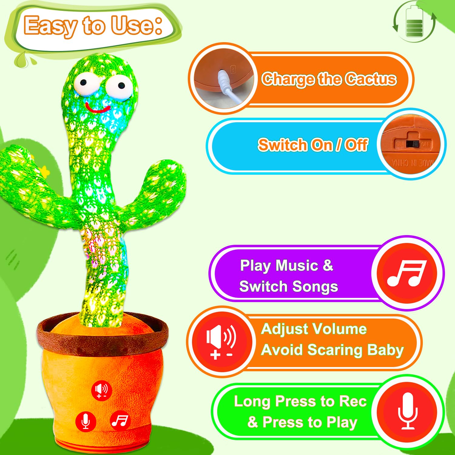 Rechargeable Dancing Talking Cactus Toy for Babies & Toddlers - Adjustable Volume, Singing, Mimicking & Repeating - Fun Interactive Learning Toy for Boys & Girls - Perfect for Easter Basket Stuffers, Birthday Gifts & Playtime Entertainment