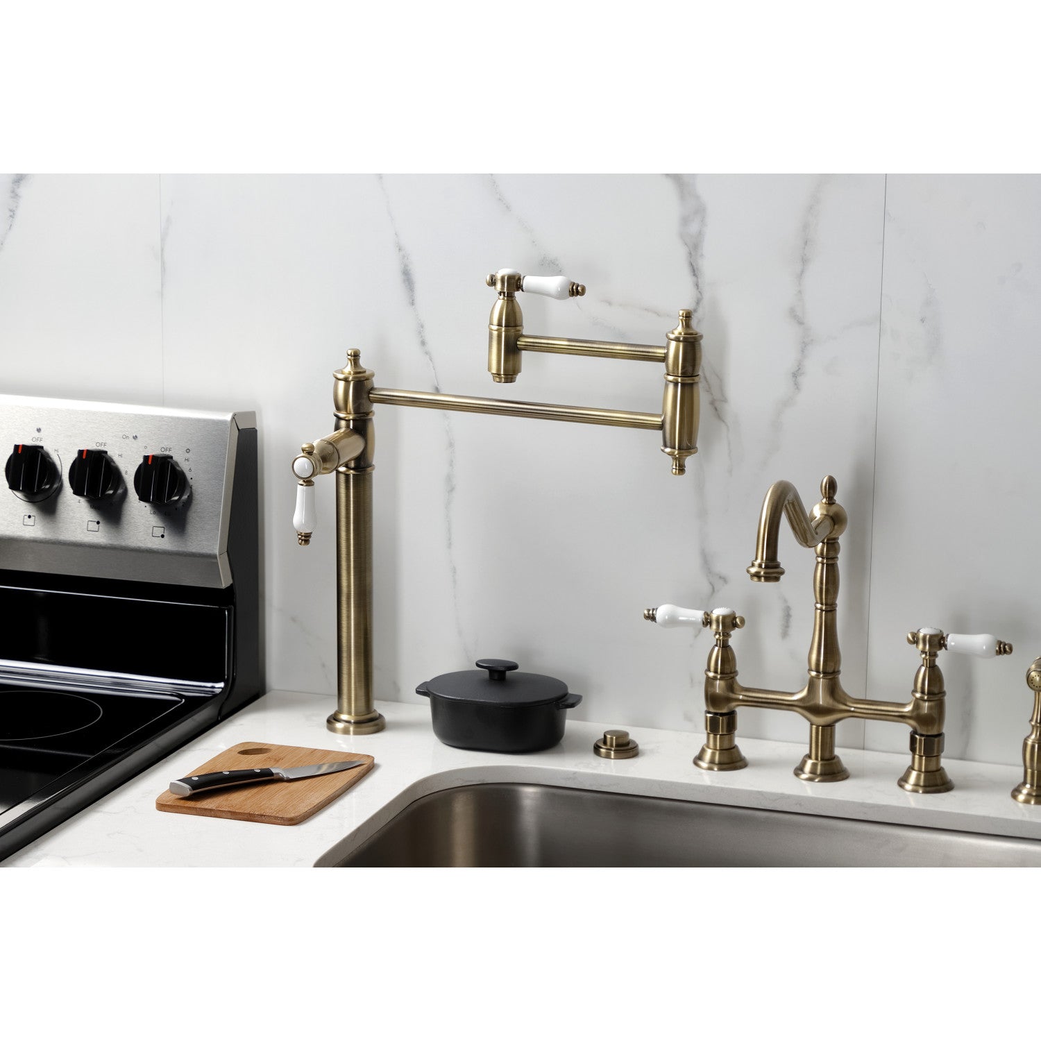 Bel Air KS3703BPL Single Hole Deck Mount Pot Filler Faucet in Antique Brass - Perfect for Kitchen Sink, Stove & Cooking Area