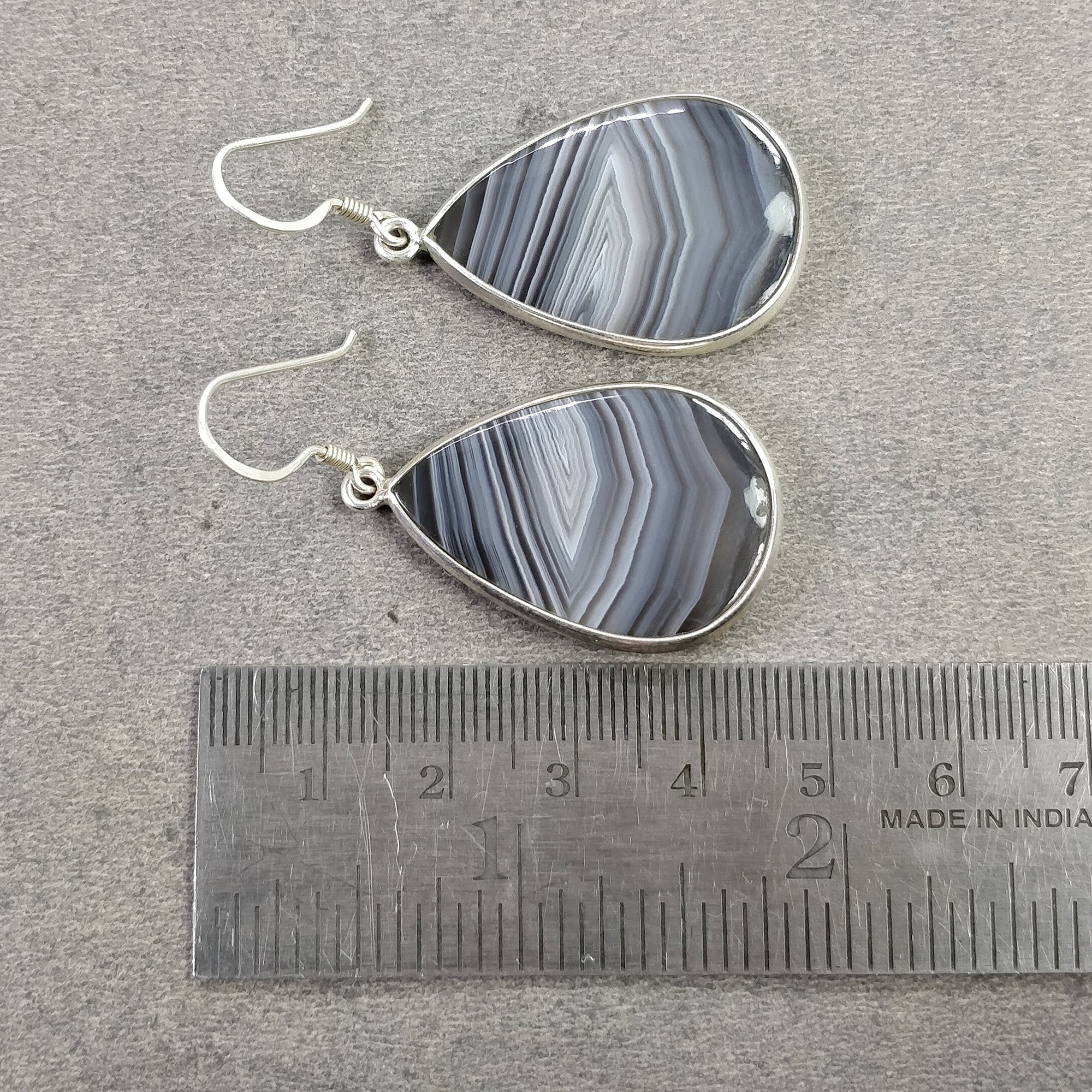 Natural Botswana Agate Gemstone Earrings - 12.52g 925 Sterling Silver Bi-Color Round Bezel Drop Dangle Hook Earrings for Women | Elegant Jewelry Gift for Birthday, Anniversary & Special Occasions