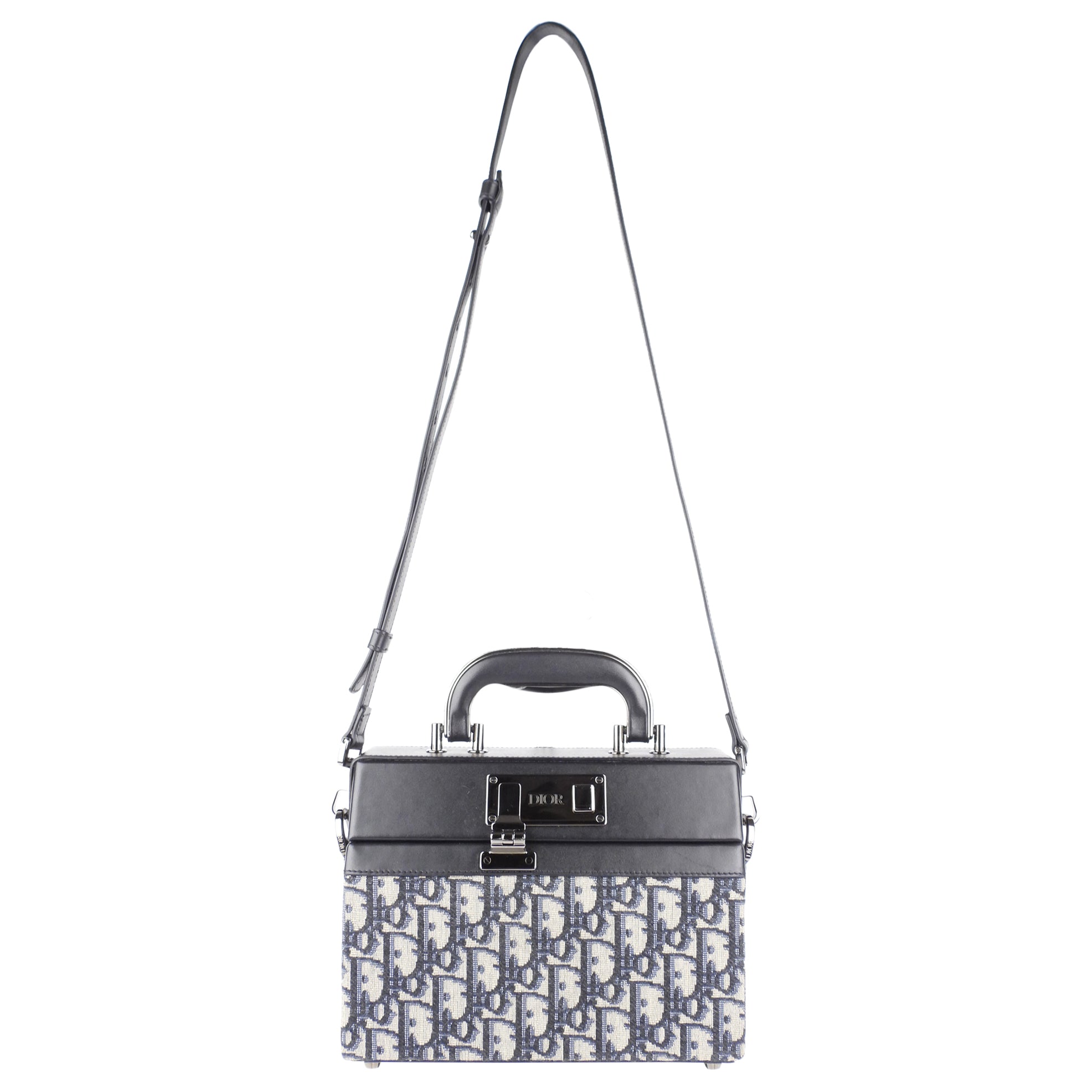 Christian Dior Oblique Monogram Black Leather Two-Way Hard Case Lock Handle Bag - Luxury Travel & Everyday Elegance