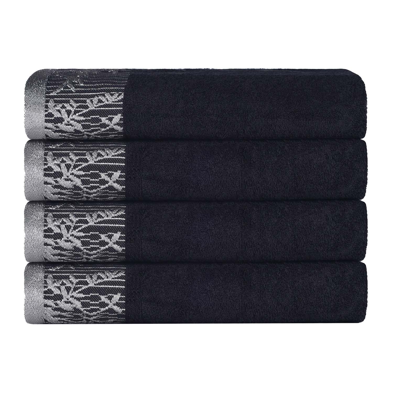 Premium Wisteria Cotton Floral Embroidered Jacquard Border Bath Towel Set of 4 - Ultra Soft & Absorbent Luxury Towels for Spa, Bathroom & Guest Use