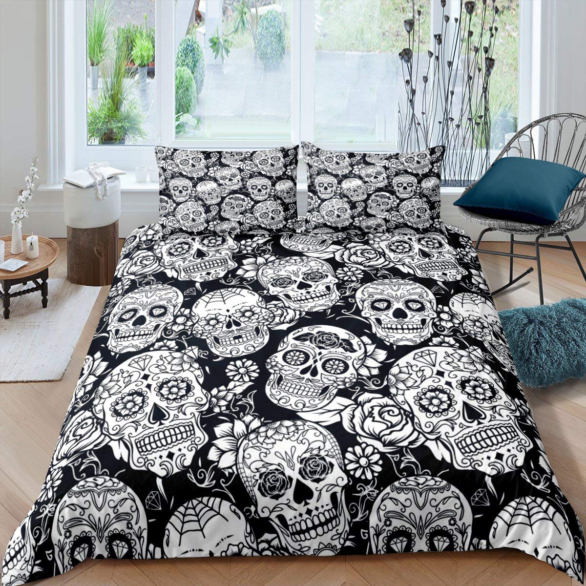**Gothic Sugar Skull Comforter Cover Twin Size - Skull & Roses Floral Print Duvet Cover with Zipper - Soft Horror Skeleton Bedding Set for Teen Boys & Girls - Perfect for Halloween, Gothic Bedroom Decor & Themed Dorm Room**