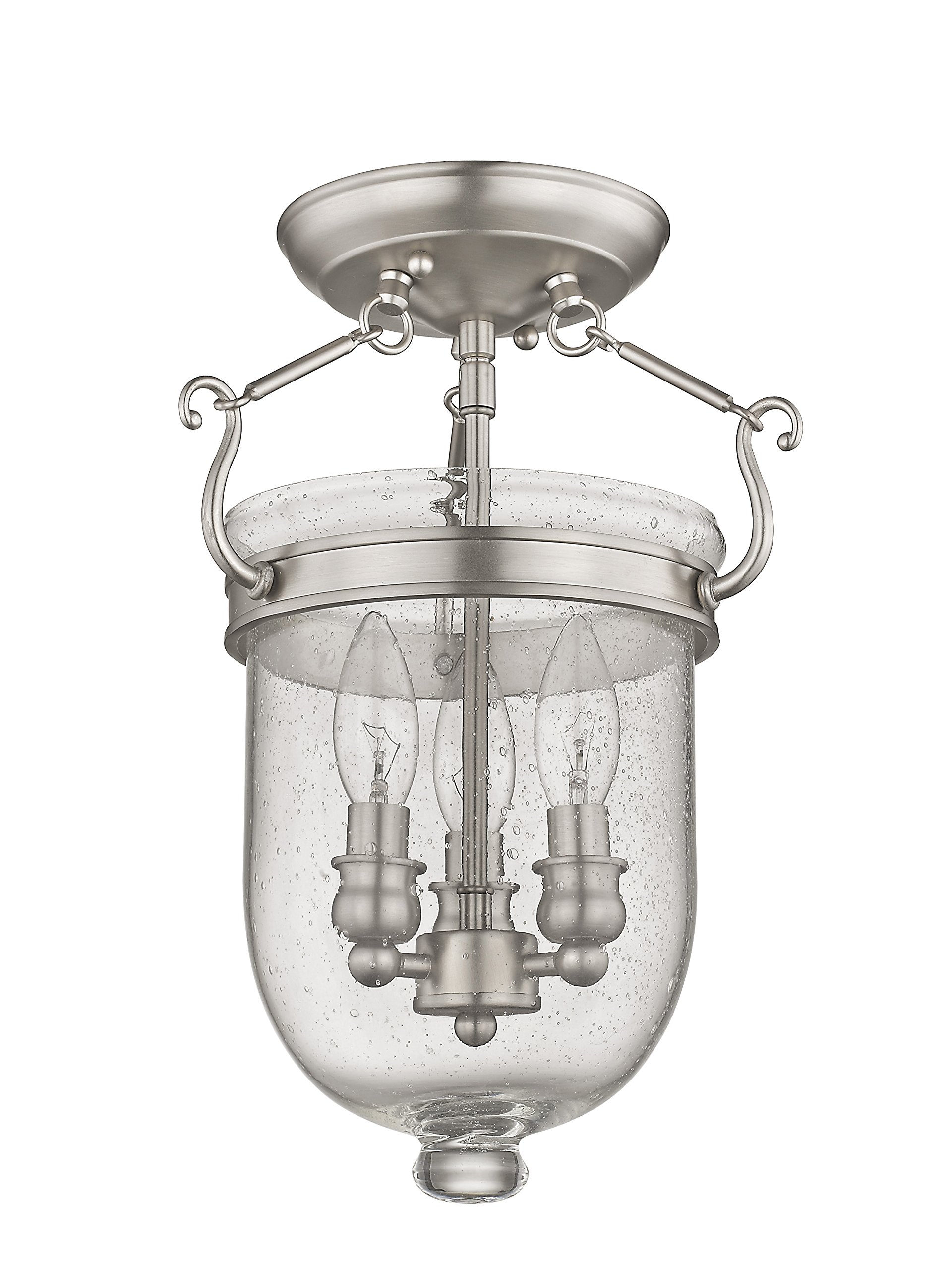 Livex Lighting Jefferson 3-Light Brushed Nickel Semi-Flush Mount Bell Jar Chandelier with Seeded Glass - Perfect for Dining Room, Bedroom, or Entryway Lighting