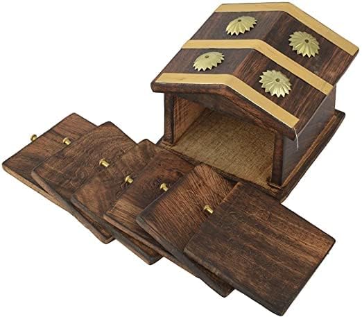 Hashmi Crafts Wooden Hut Shape Coasters Set of 6 - Square Drink Coasters for Dining Table, Coffee Mugs, Beer Cans, Bar Glasses & Tea Cups - Rustic Home Decor for Kitchen, Living Room & Office Use